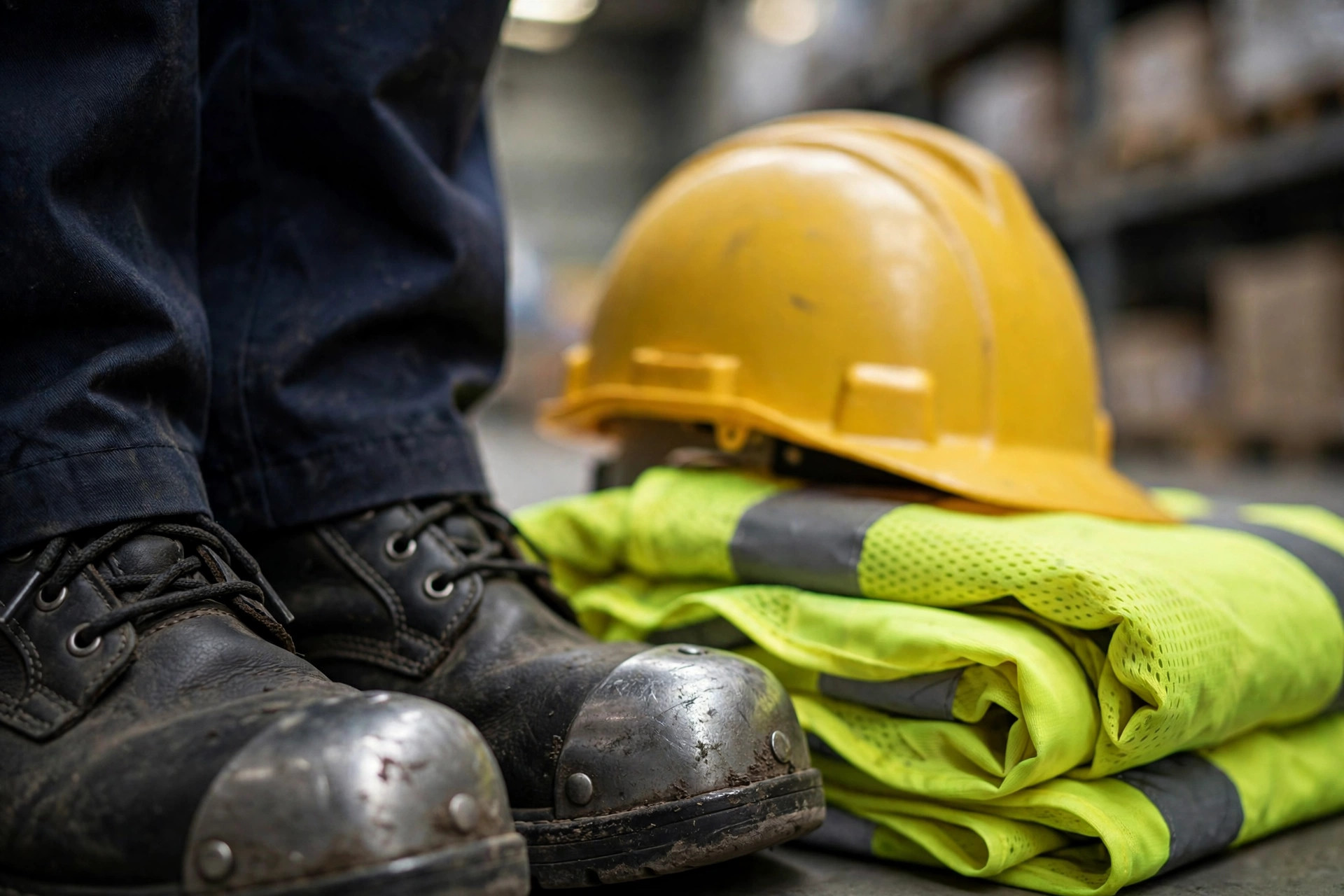 Warehouse worker PPE close-up