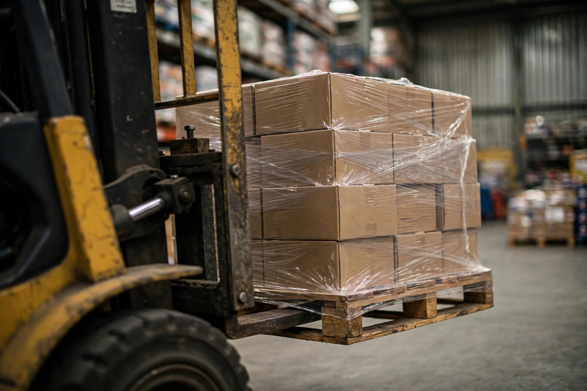 Forklift moving a pallet of cartons in a warehouse aisle