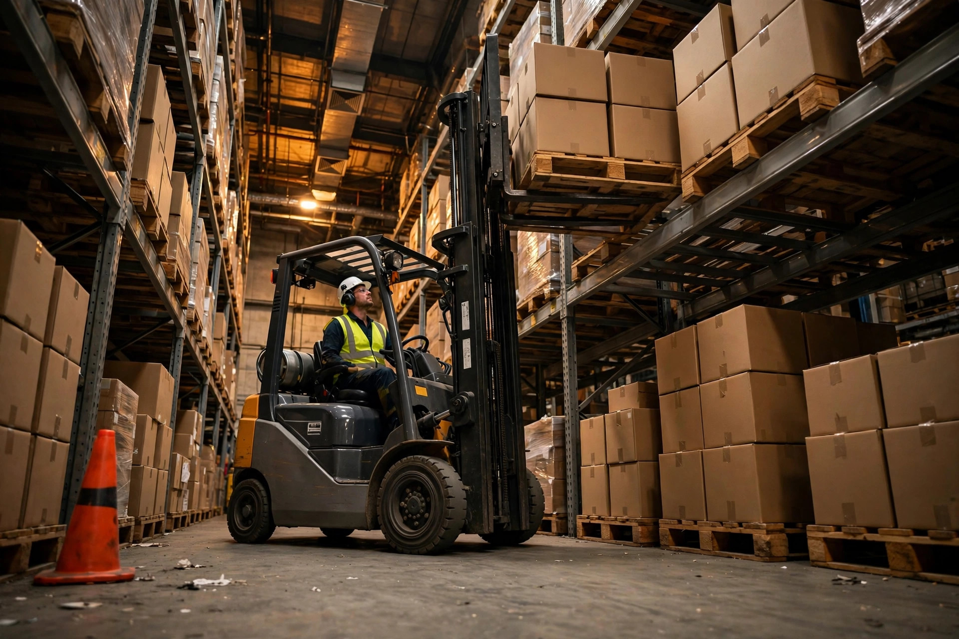Forklift carrying a pallet down a warehouse aisle