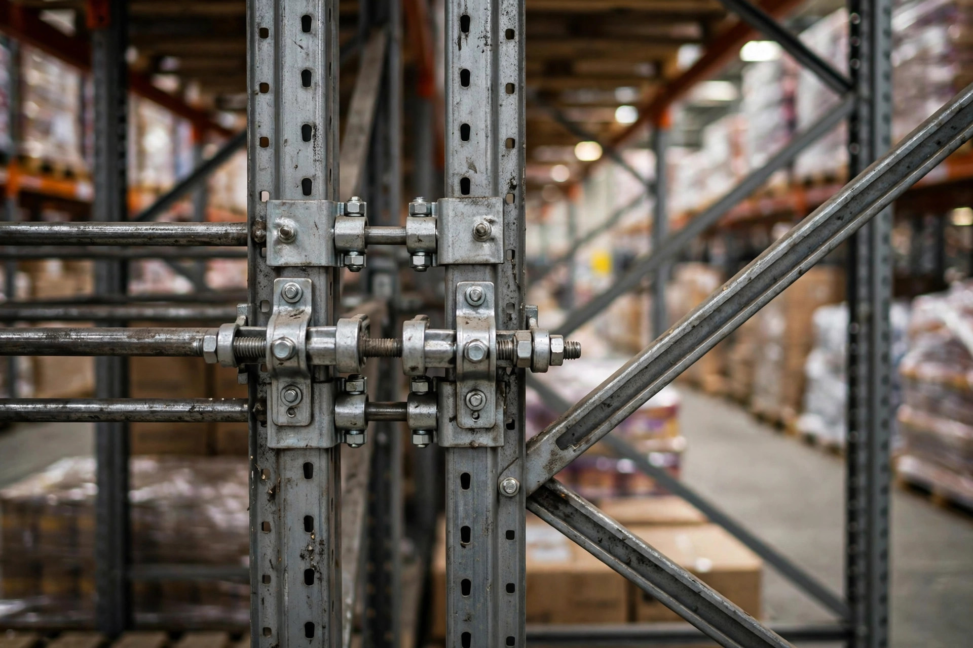 Close-up of row-spacer clamps and cross-bracing on pallet rack frames