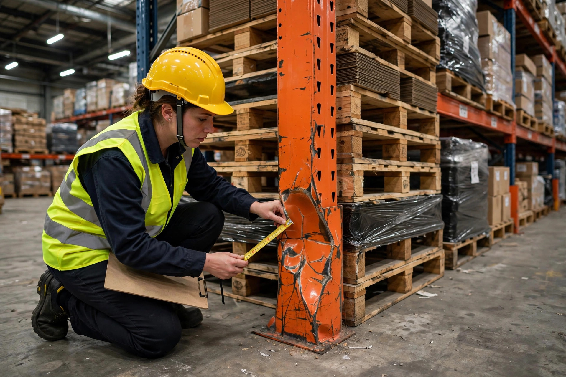 Safety inspector examining a damaged warehouse racking upright column