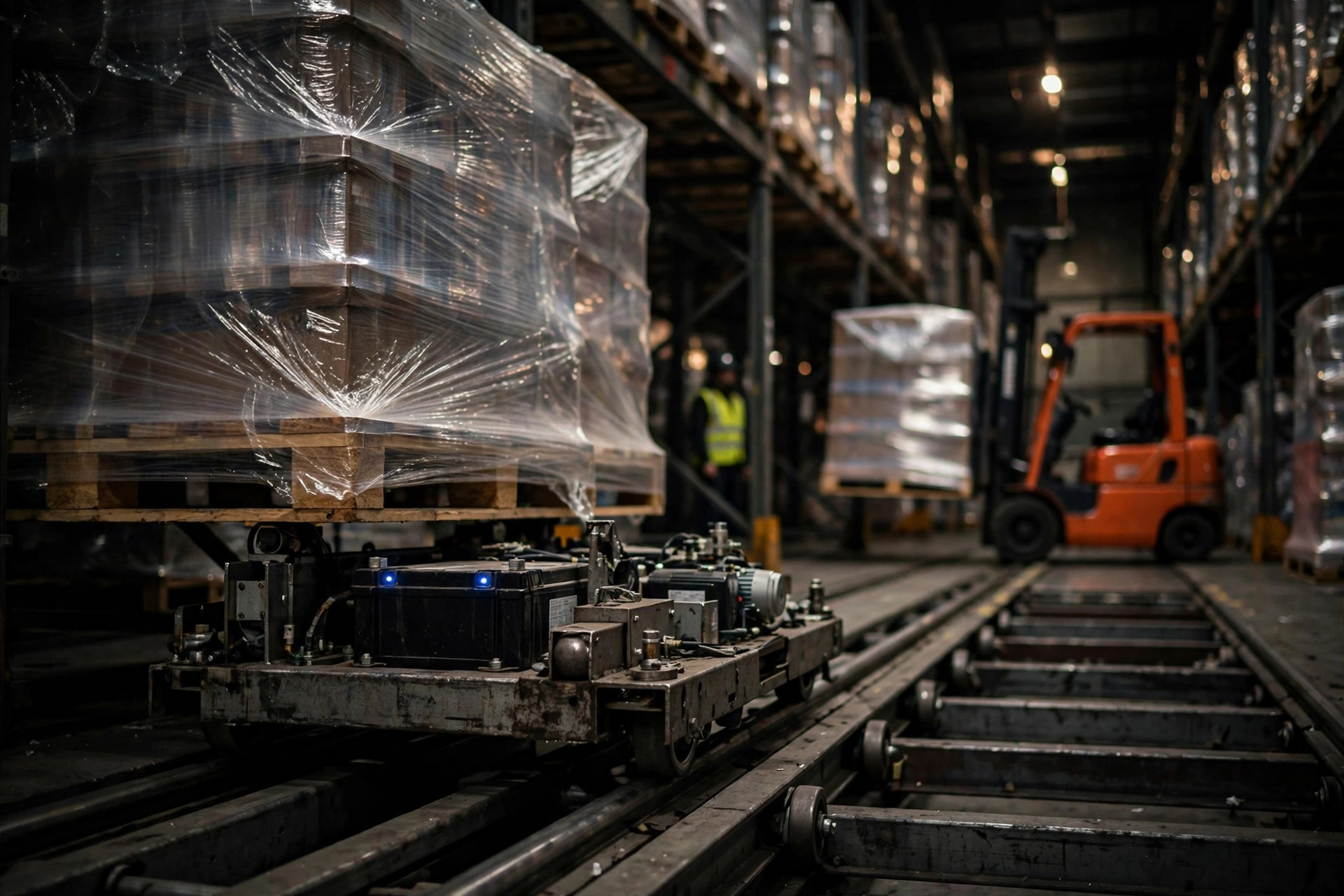 Pallet shuttle cart working inside a drive-in racking lane