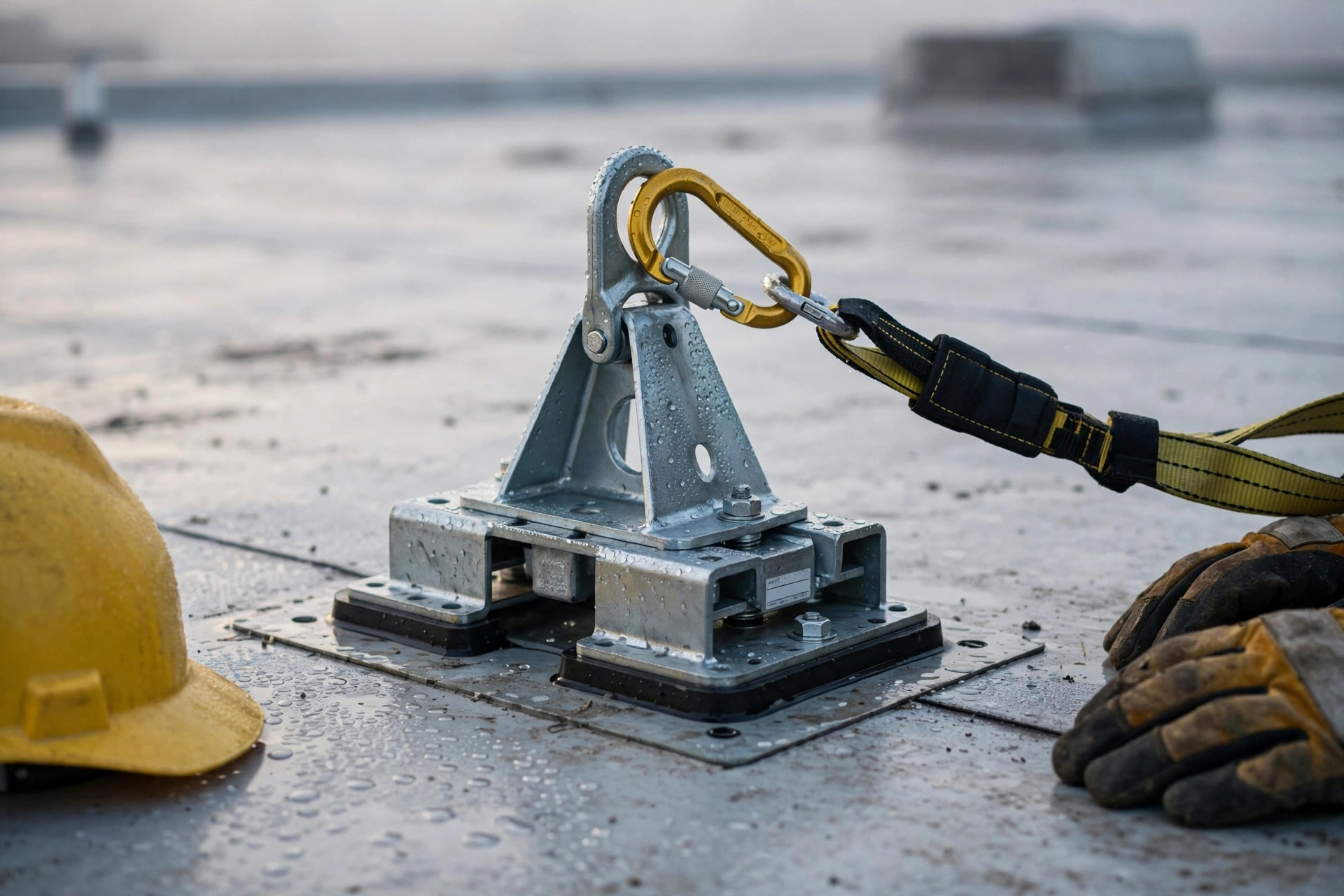 Close-up of a temporary reusable roof anchor installed on a flat warehouse roof, with a harness lanyard connected