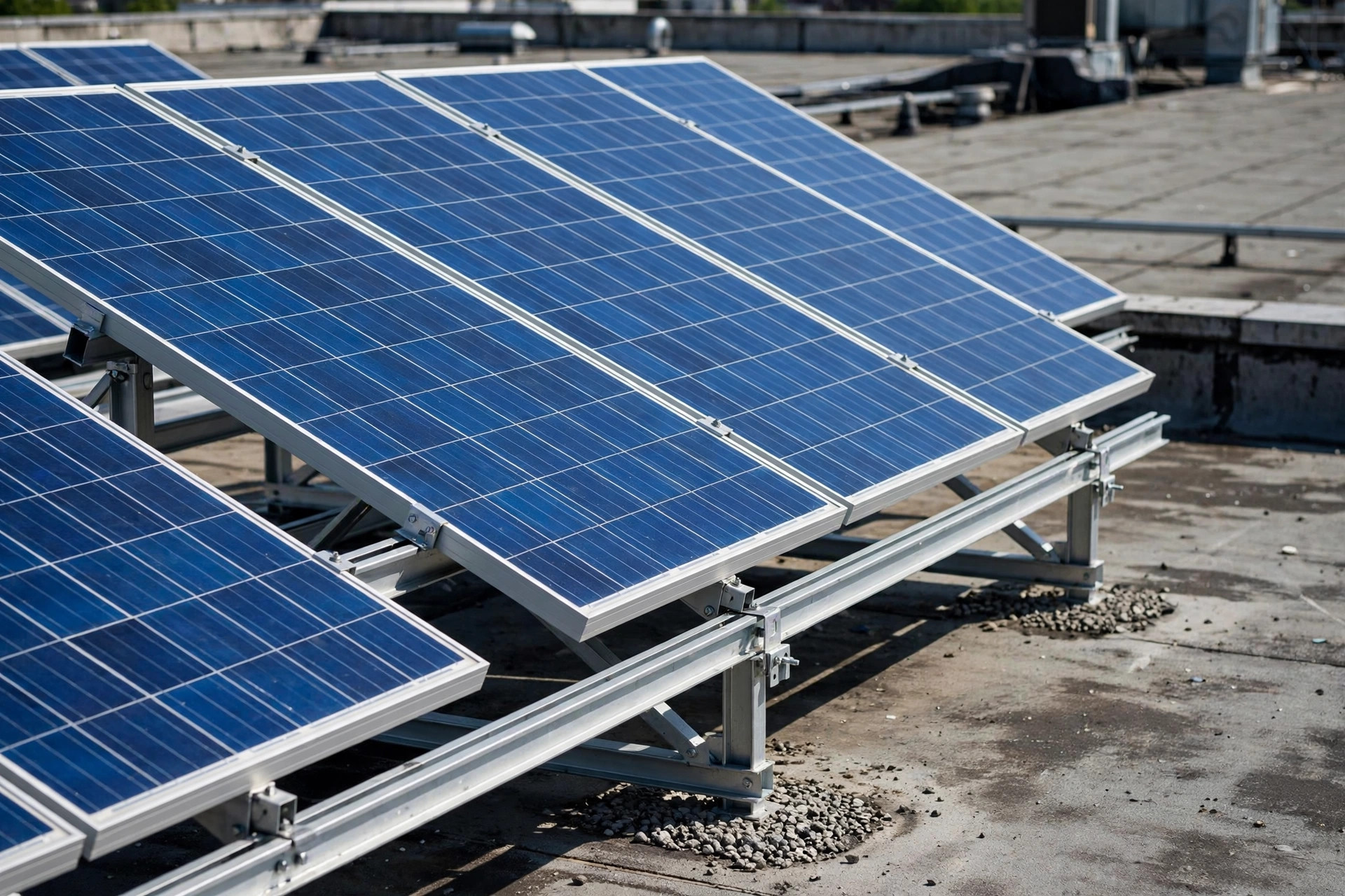 Close-up of rooftop solar panels on warehouse