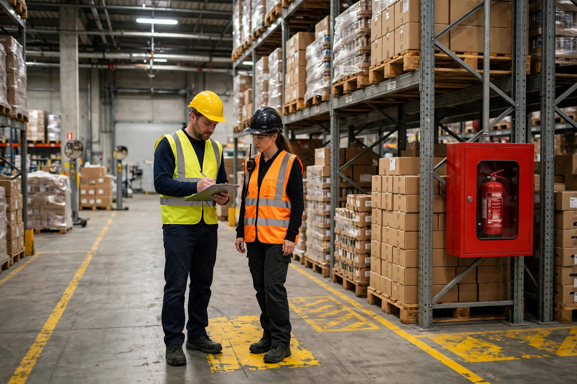 Safety committee members inspecting a warehouse racking aisle