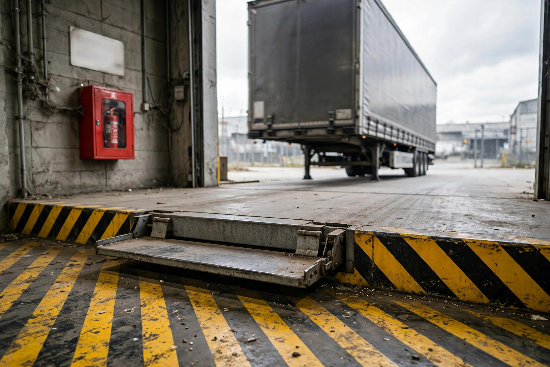 Yellow-black hazard striping at a loading dock edge with a fire extinguisher cabinet