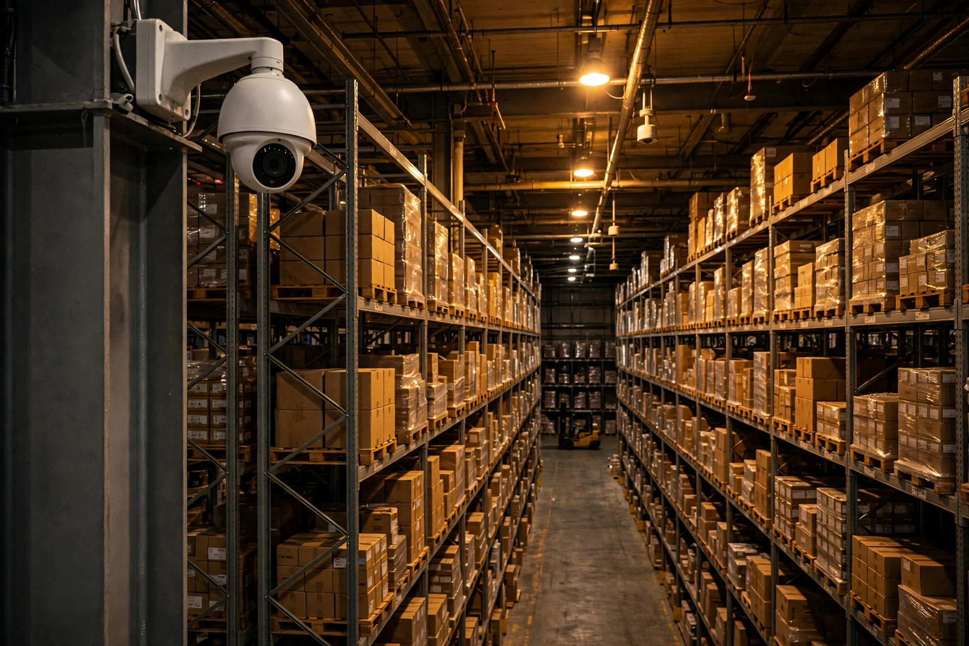 Warehouse security camera mounted high overlooking pallet racking aisles at night