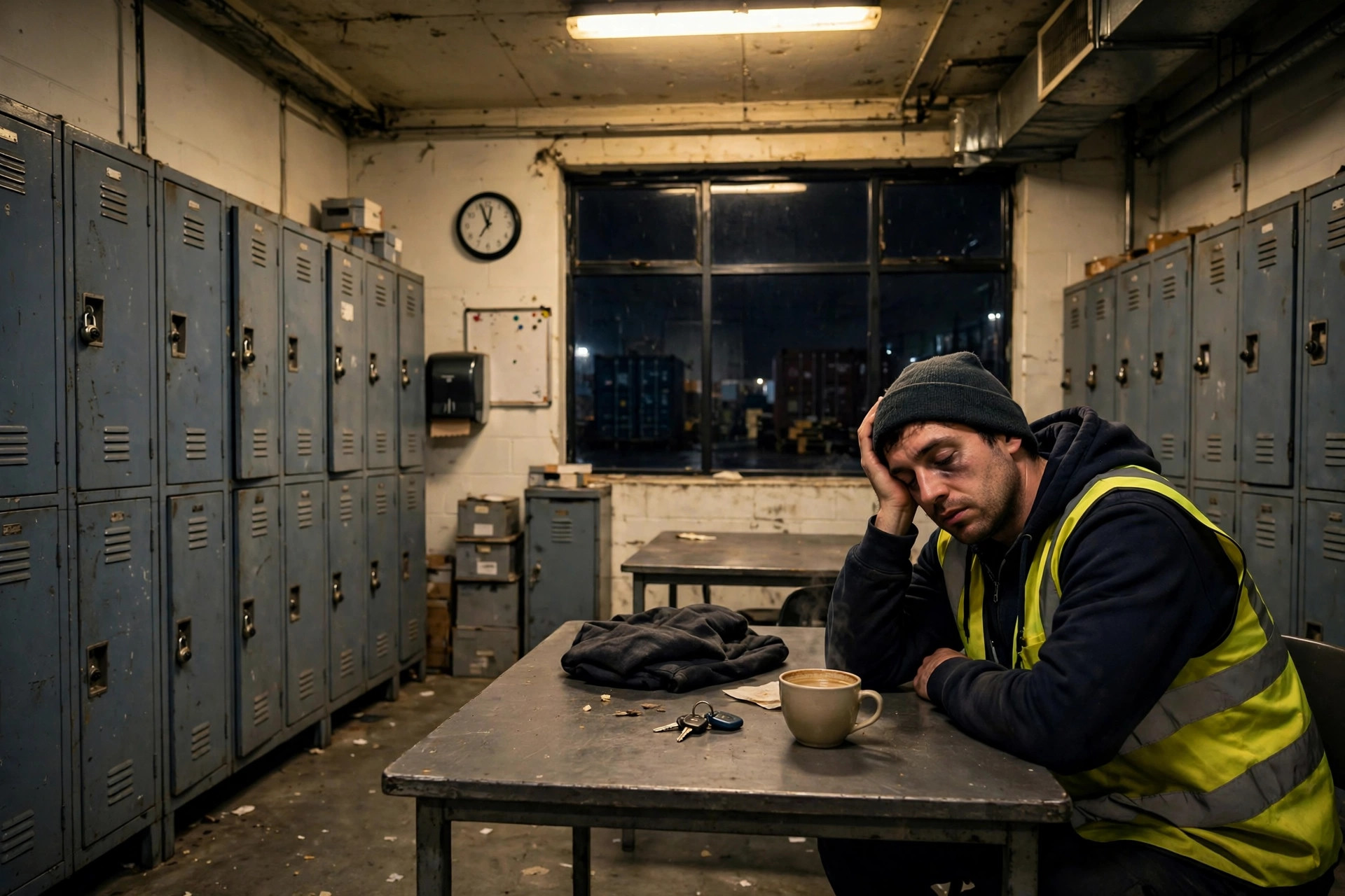 Tired warehouse worker resting with coffee in the night break room