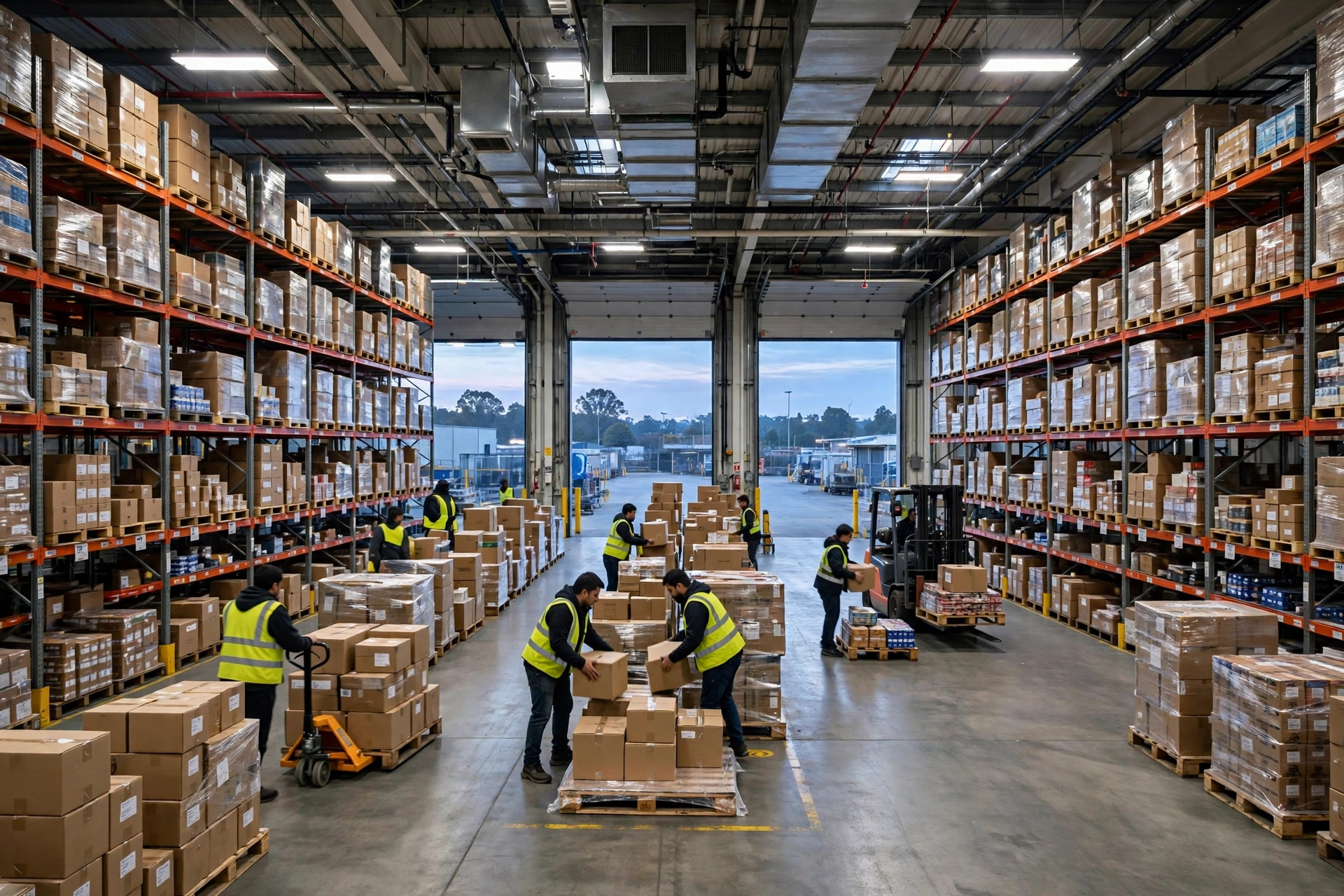 Warehouse operating under full lights before dawn