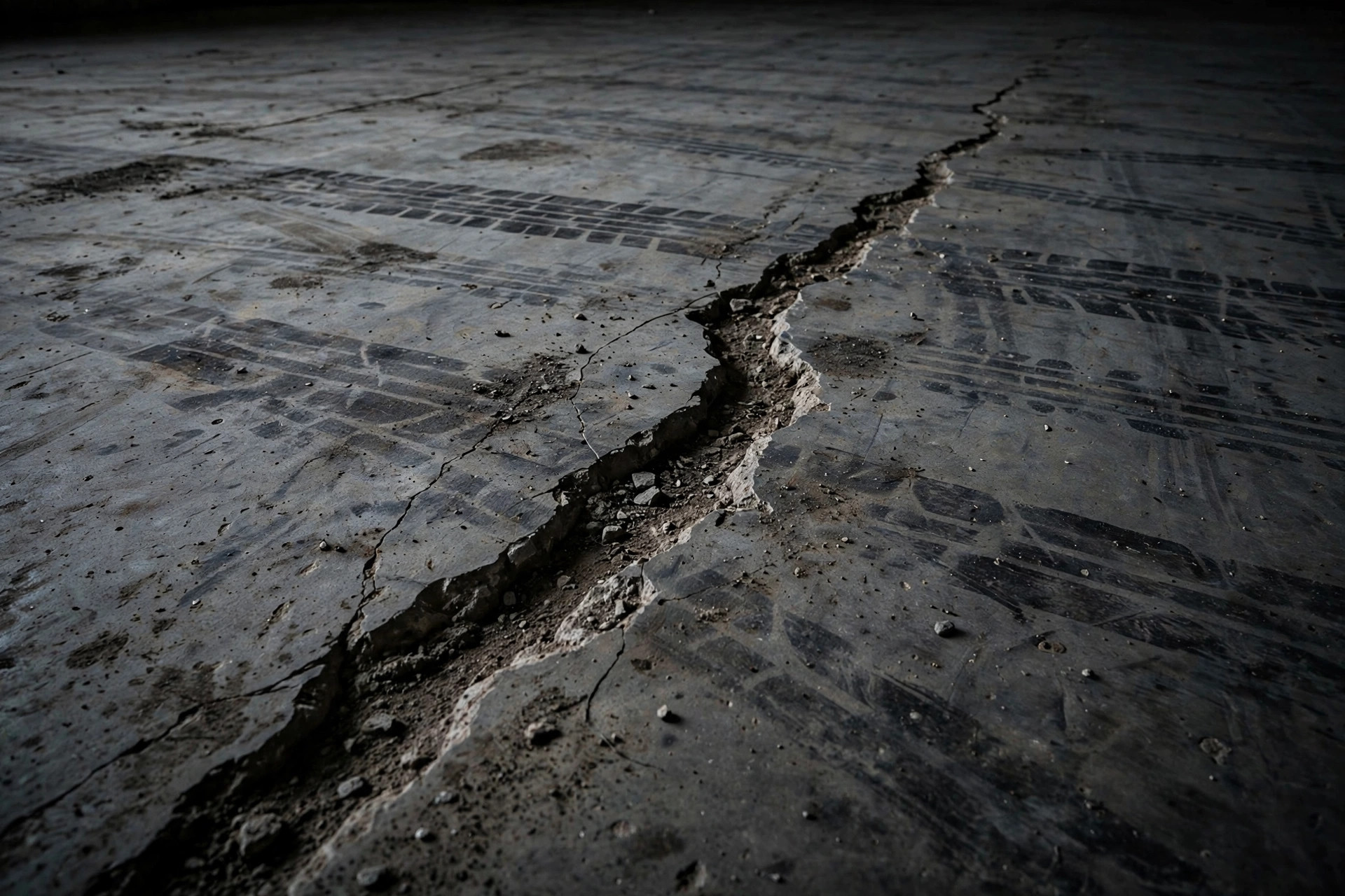 Close-up of cracked concrete warehouse floor with forklift tire marks