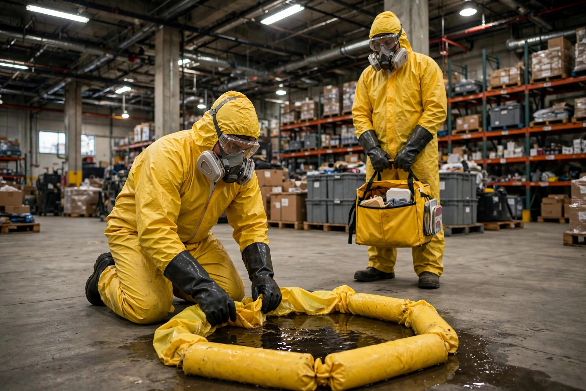 Warehouse worker in full protective gear practicing a spill response drill