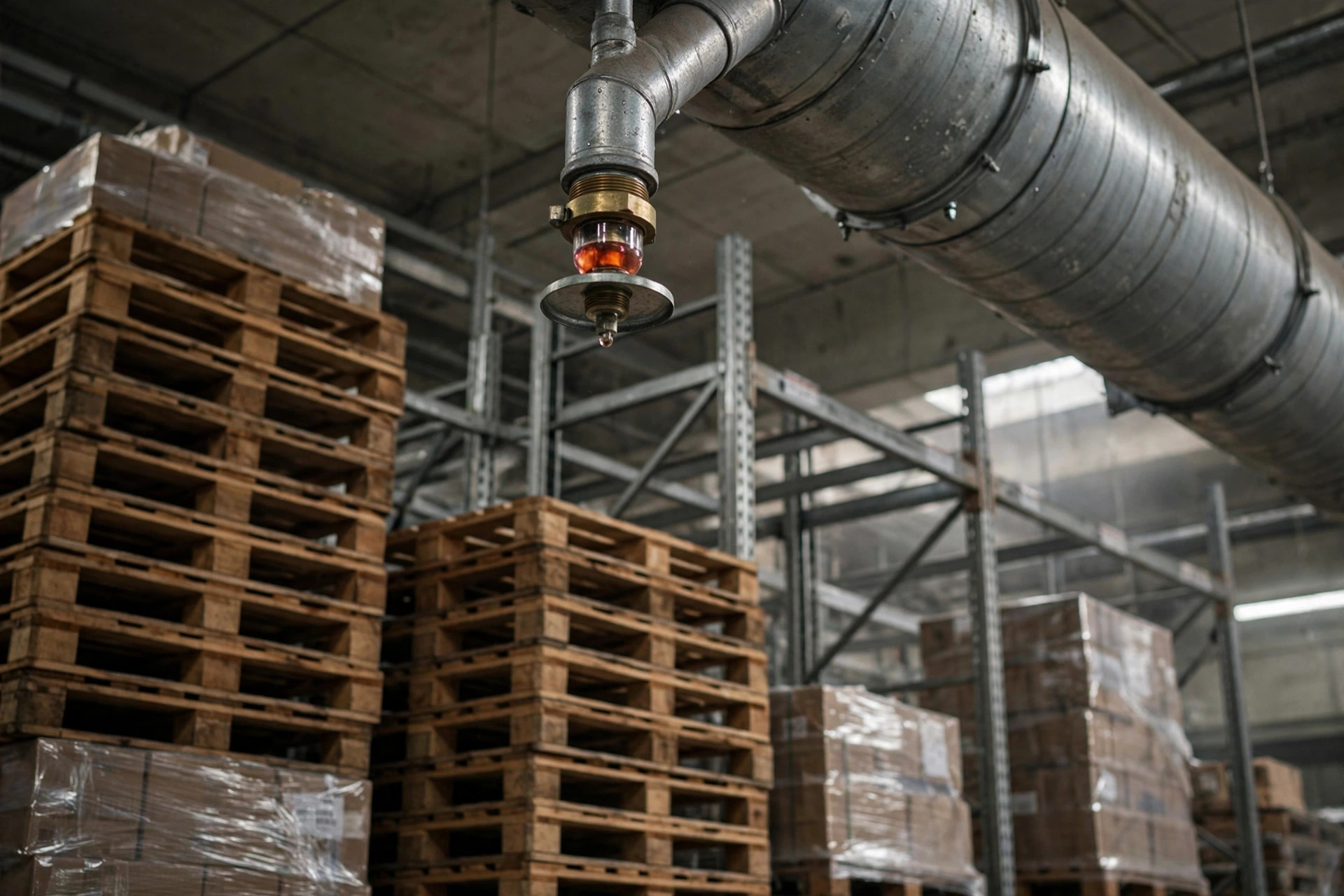 Sprinkler heads under an HVAC duct in a warehouse ceiling