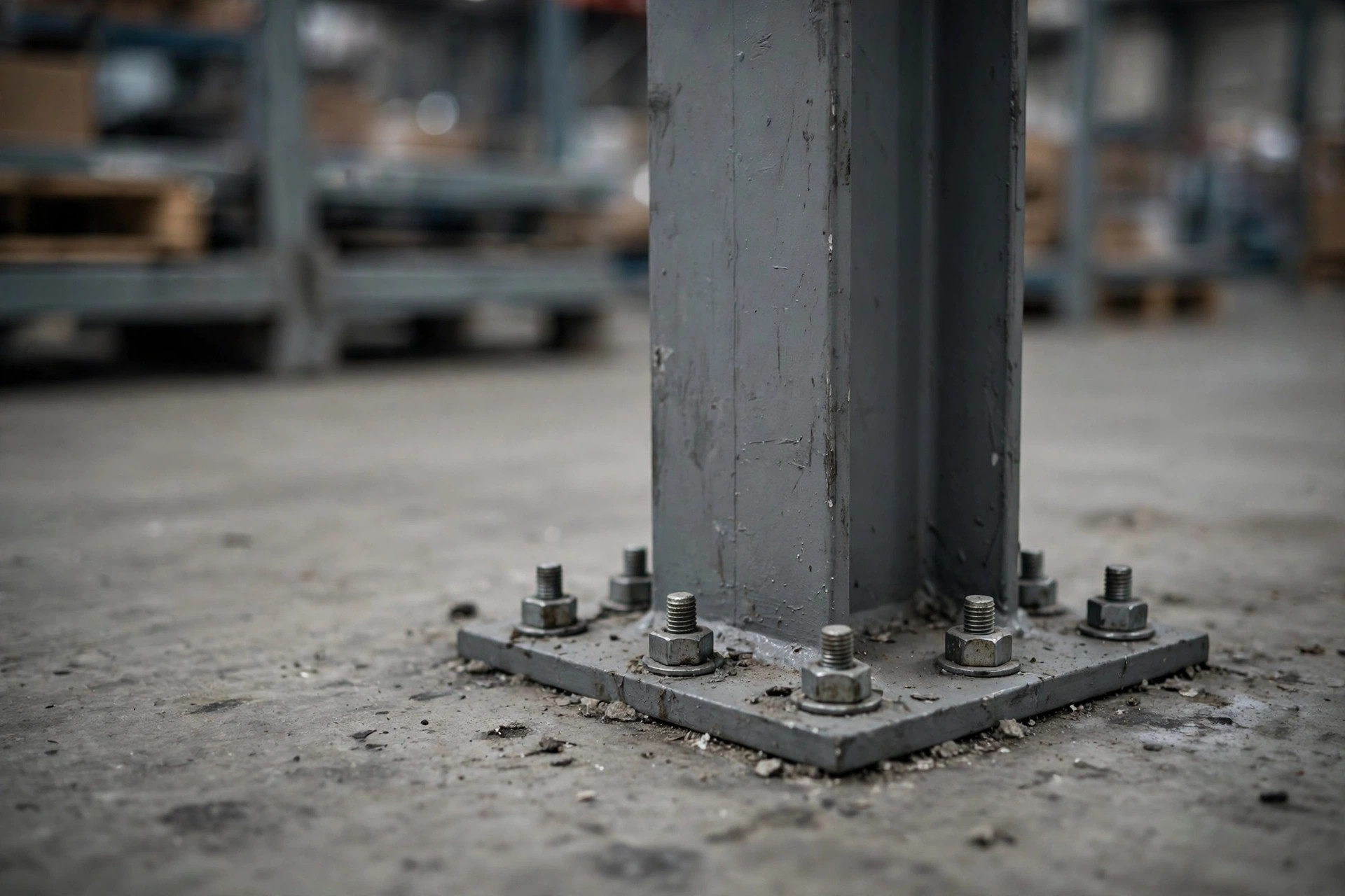 Close view of a steel column base in a warehouse, with racking behind