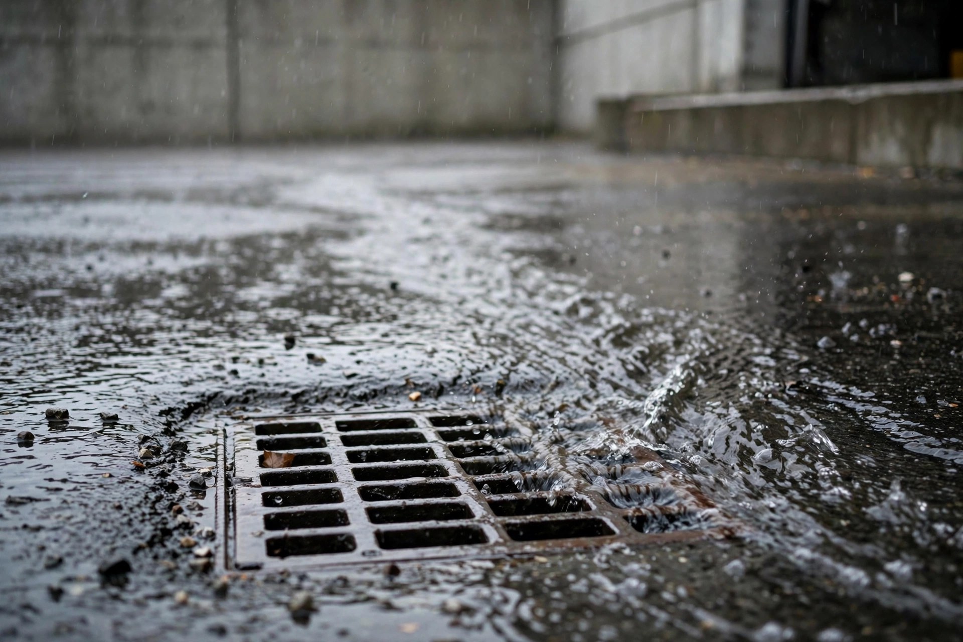 Close-up of a storm drain inlet at a warehouse loading dock after rain