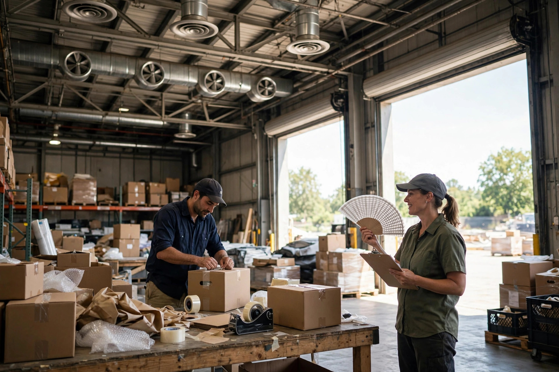 Warehouse roof exhaust vents and open dock doors letting hot air out, with workers packing at a table