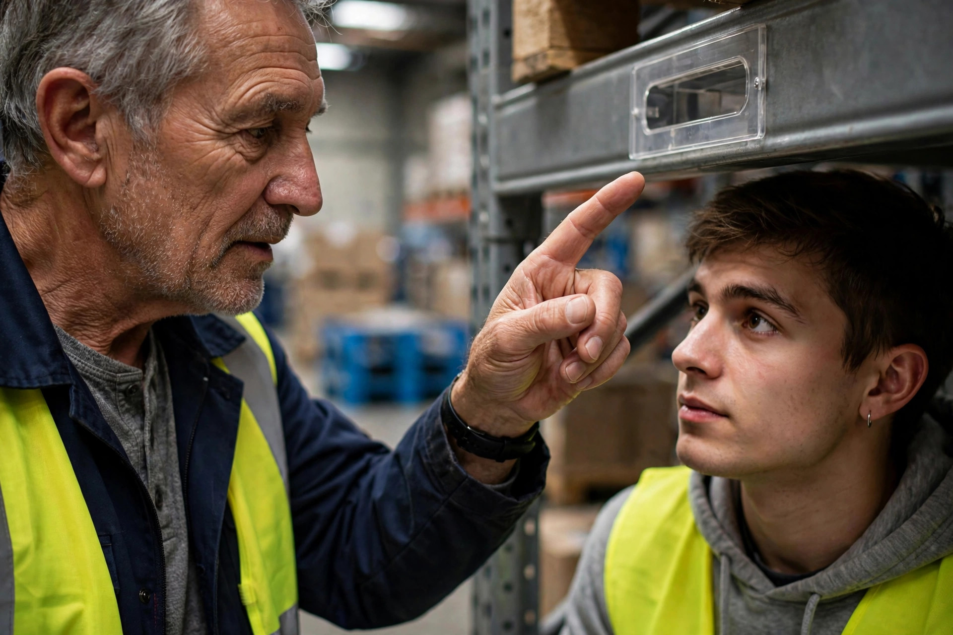 Veteran warehouse worker mentoring a newcomer on the floor