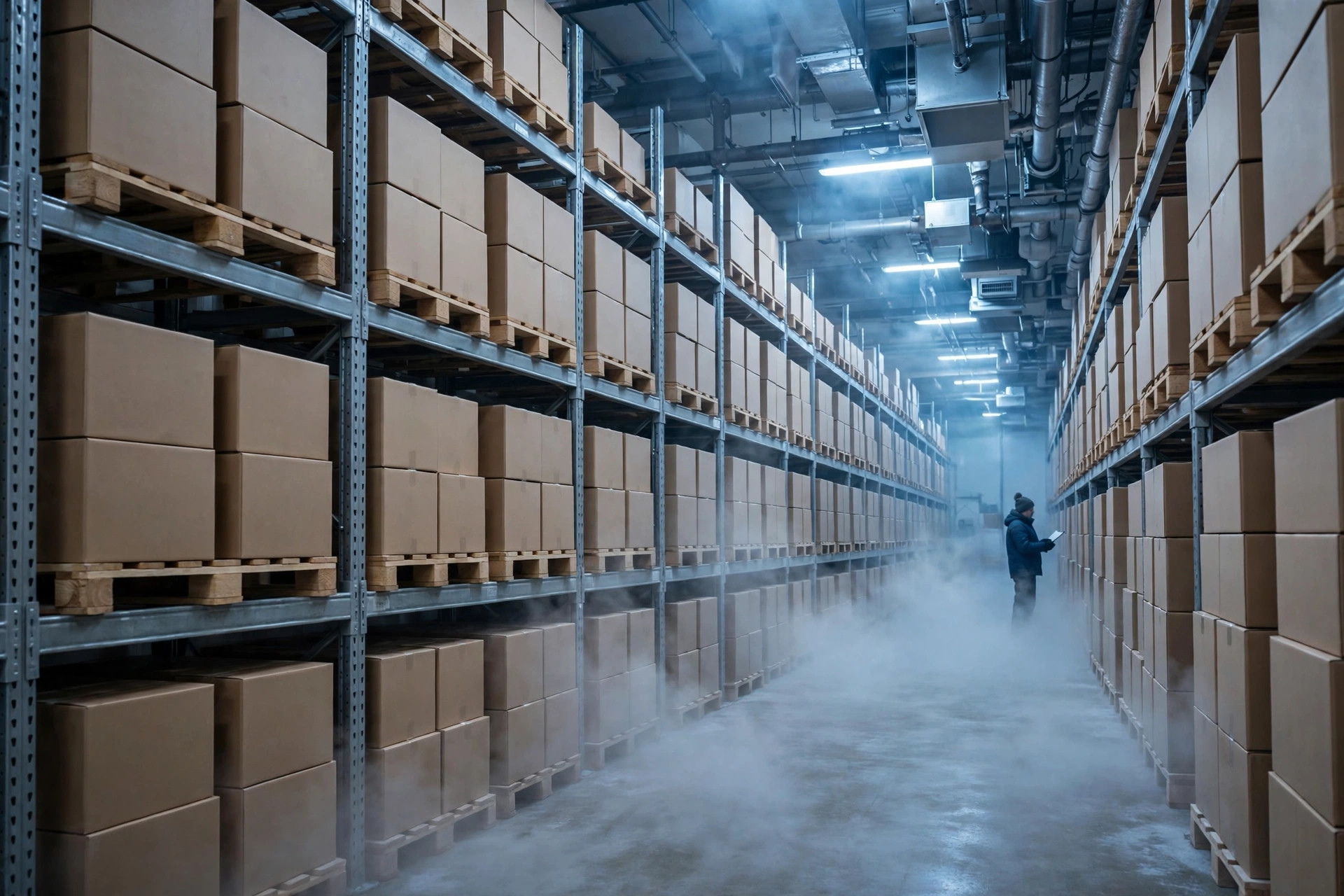 Refrigerated food warehouse racks with cold fog, monitored by temperature and humidity sensors