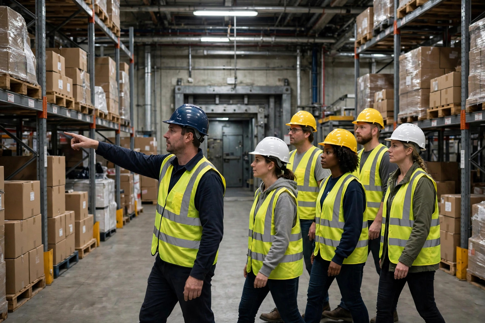Warehouse tornado drill: employees walking in a line toward the reinforced shelter room during a drill
