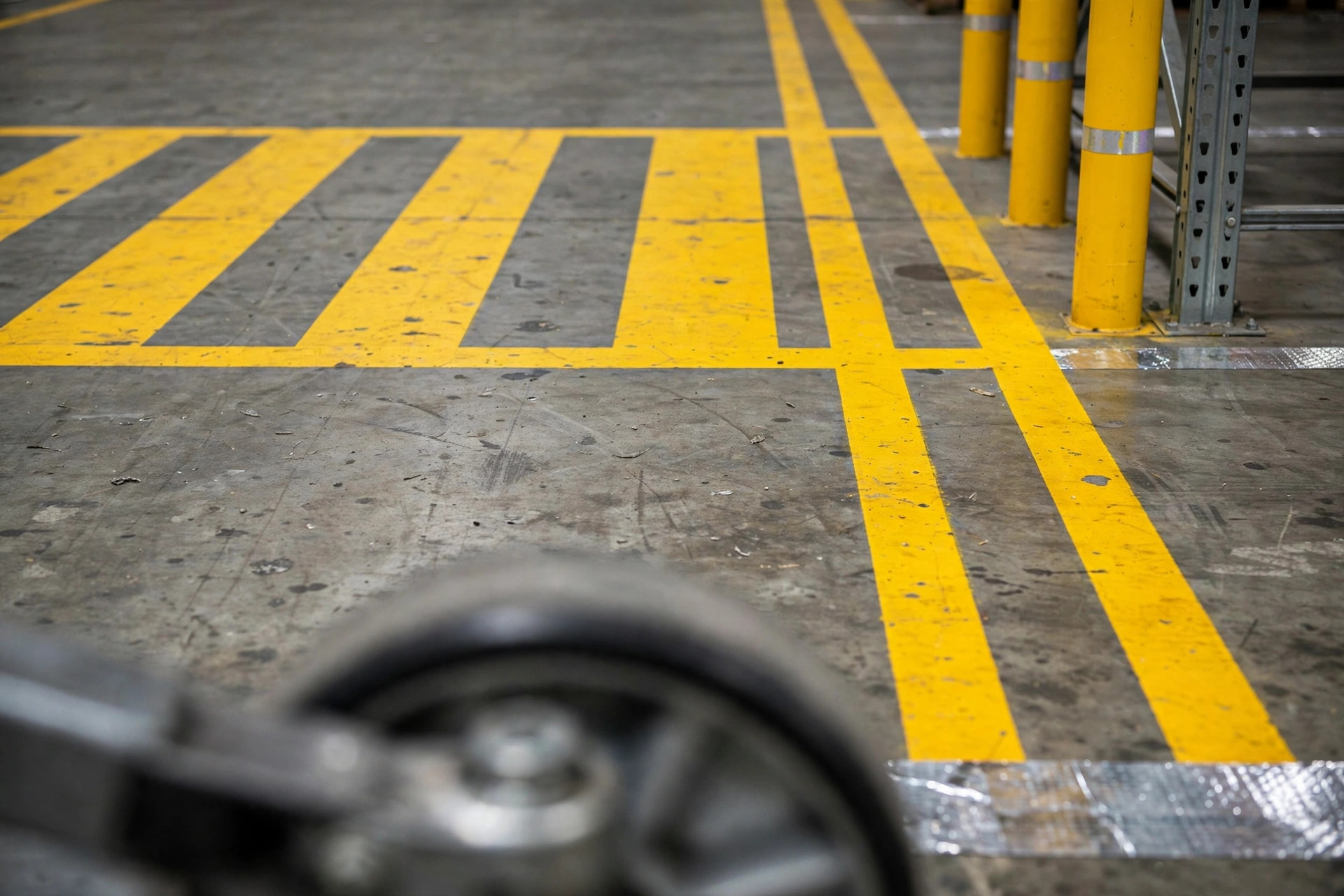 Close-up of floor markings and pedestrian walkway