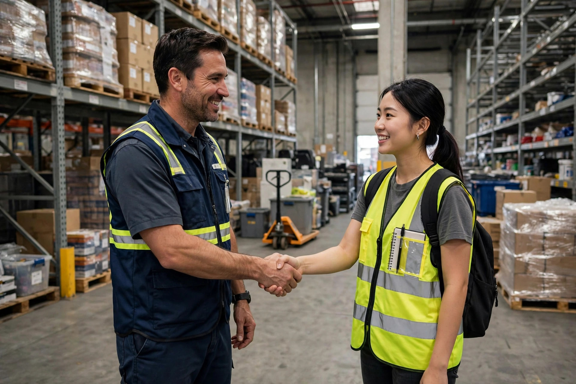 Un supervisor de almacén estrechando la mano de un nuevo empleado durante su incorporación junto a los racks de pallets
