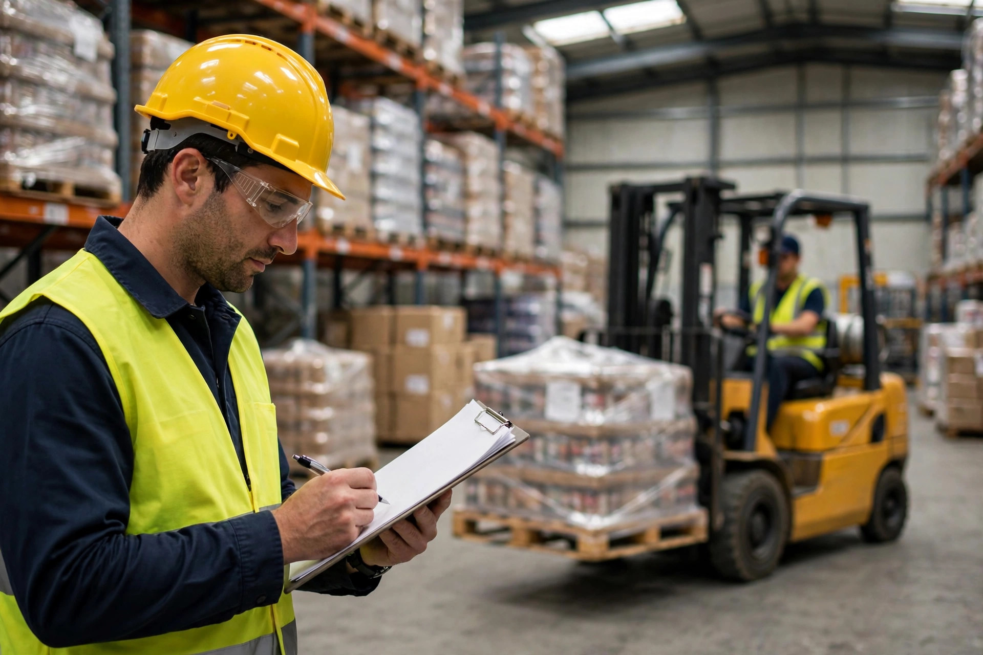 Warehouse manager reviewing inventory paperwork