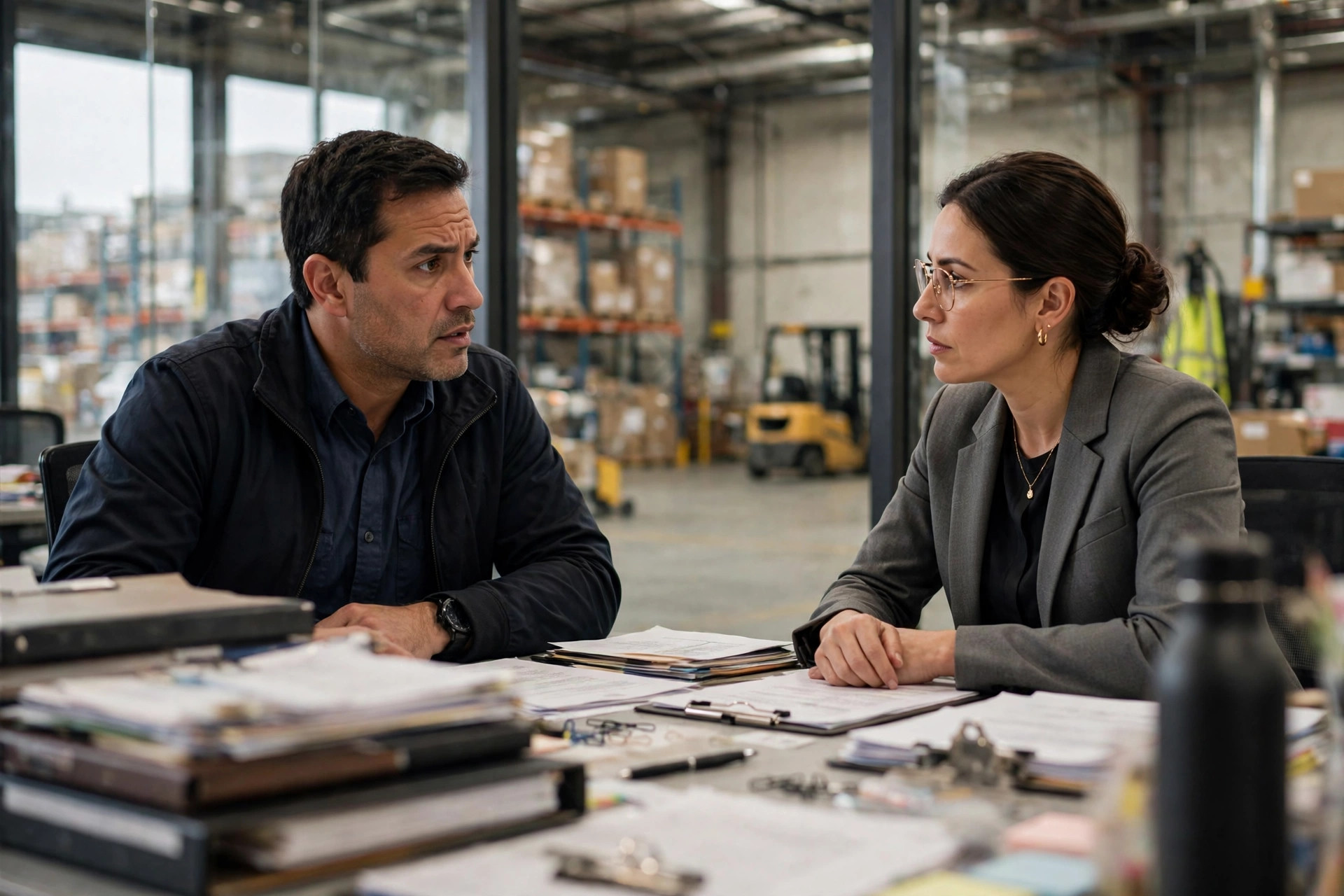 Warehouse manager discussing response plan with HR in the office