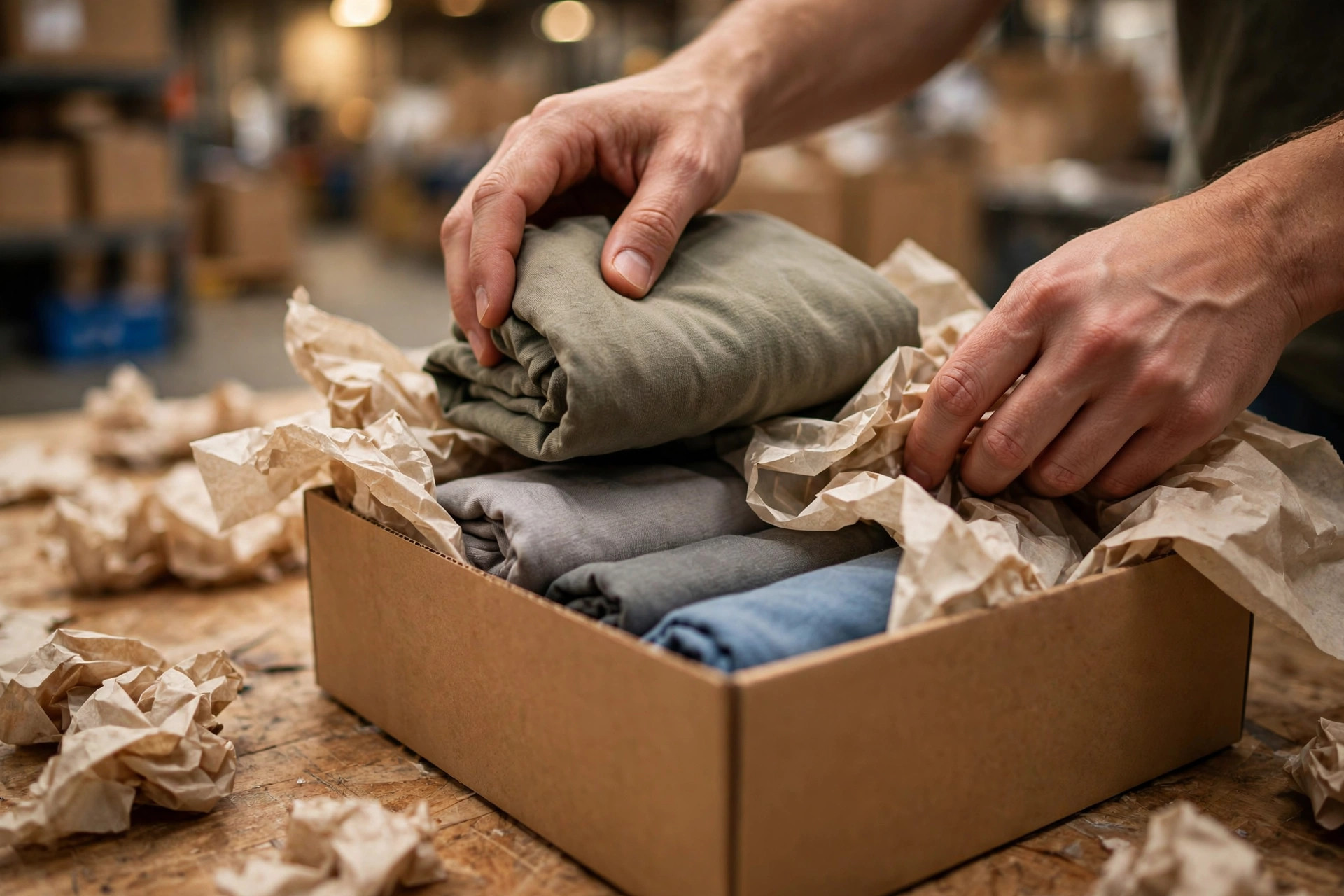 Workers repacking products at a packing station