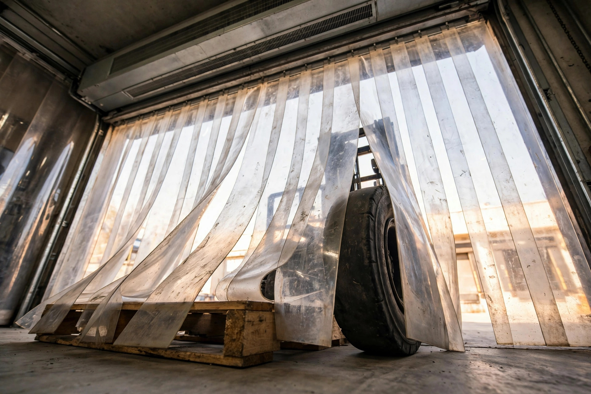 Clear PVC strip curtains and an air curtain in a warehouse entrance vestibule, with a forklift passing through