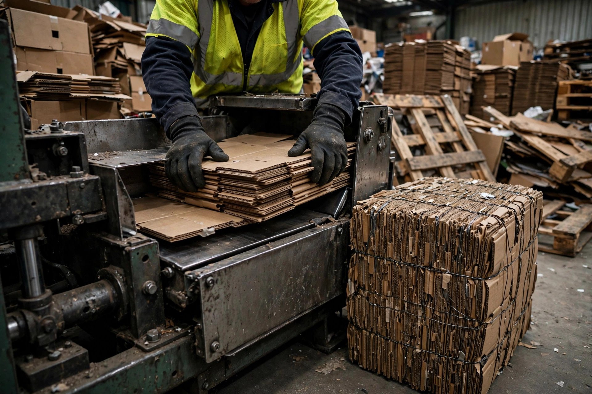 Cardboard baler in operation