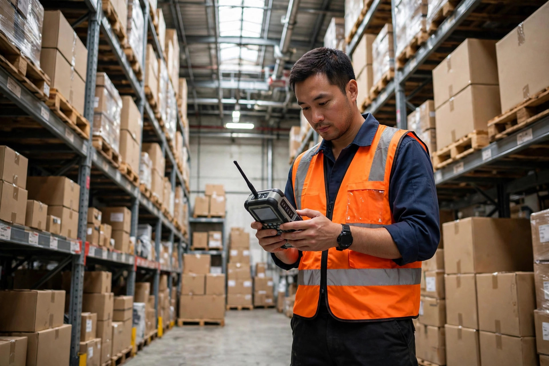 Engineer testing wireless signal strength between warehouse racking aisles