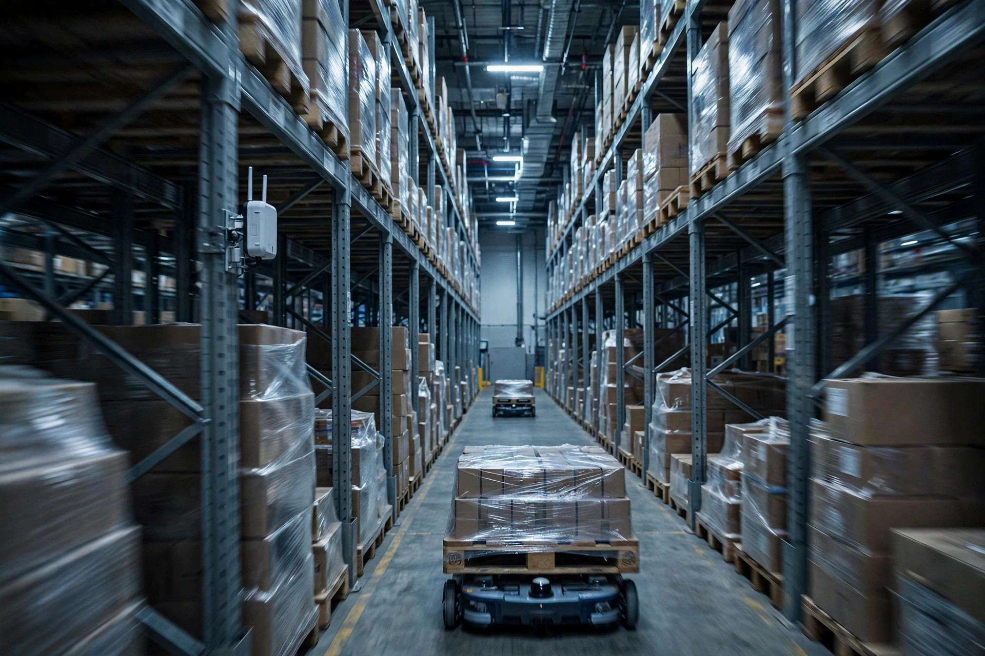 Two AGV robots carrying pallets down a warehouse aisle, wireless unit mounted on a rack column