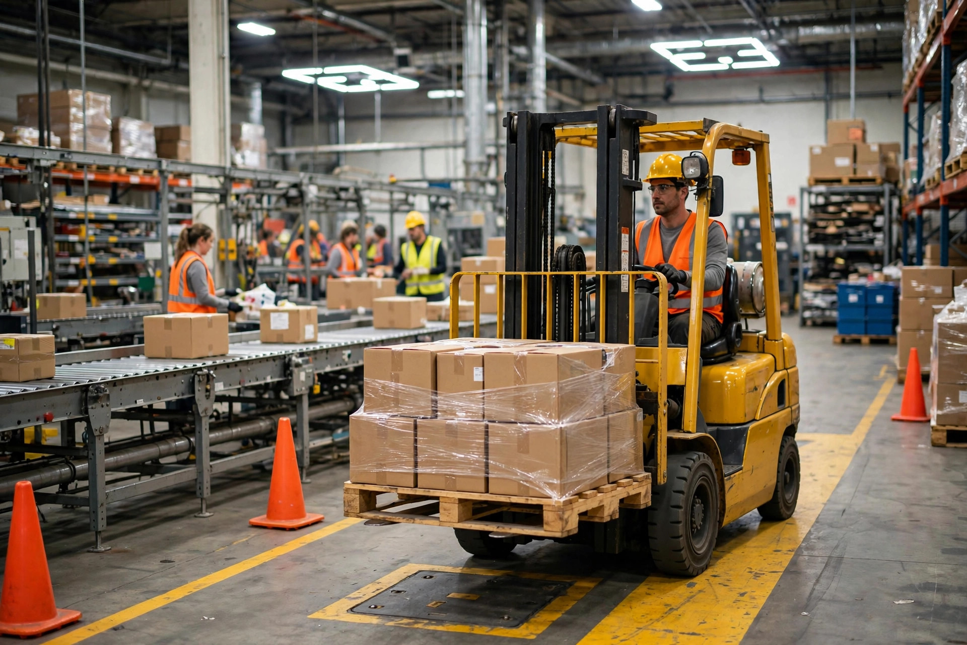 Forklift operator driving along a marked safety lane in a busy warehouse
