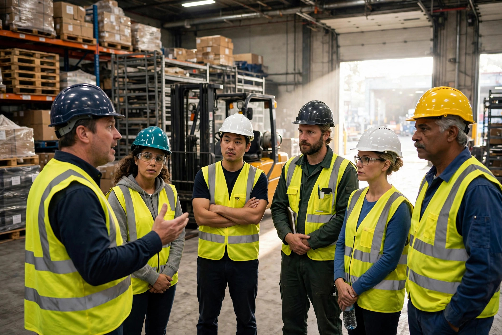 Warehouse safety briefing: a supervisor leading a safety training session with crew on the operations floor
