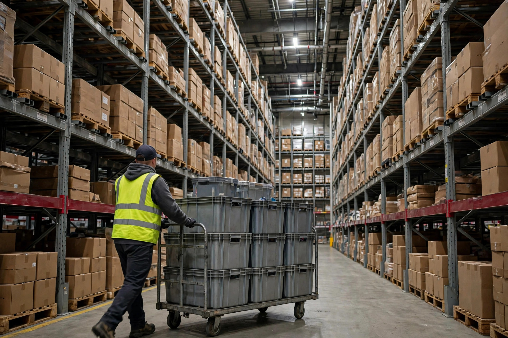 Order picker pushing a pick cart through a warehouse aisle