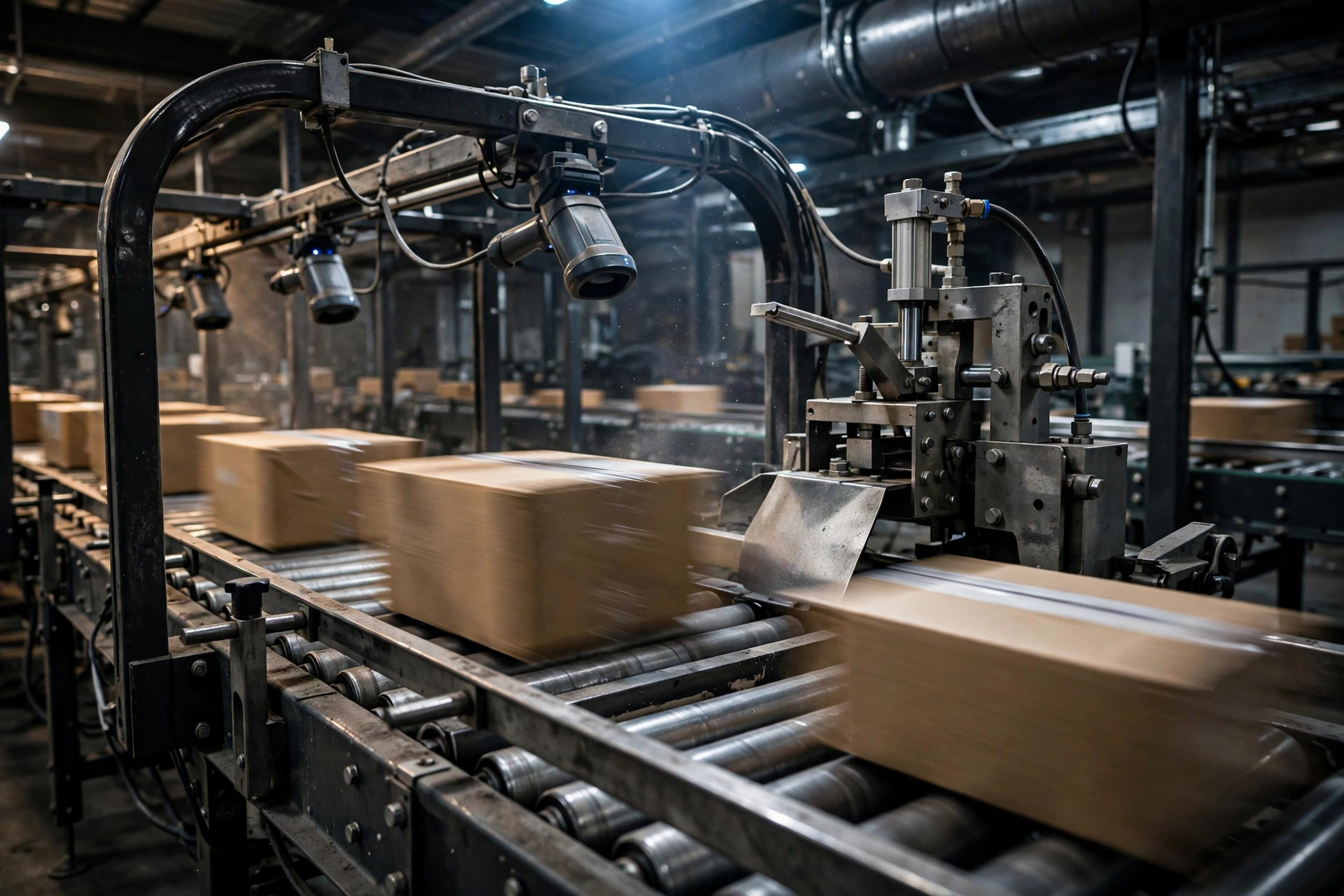 Close-up of a conveyor sorting line