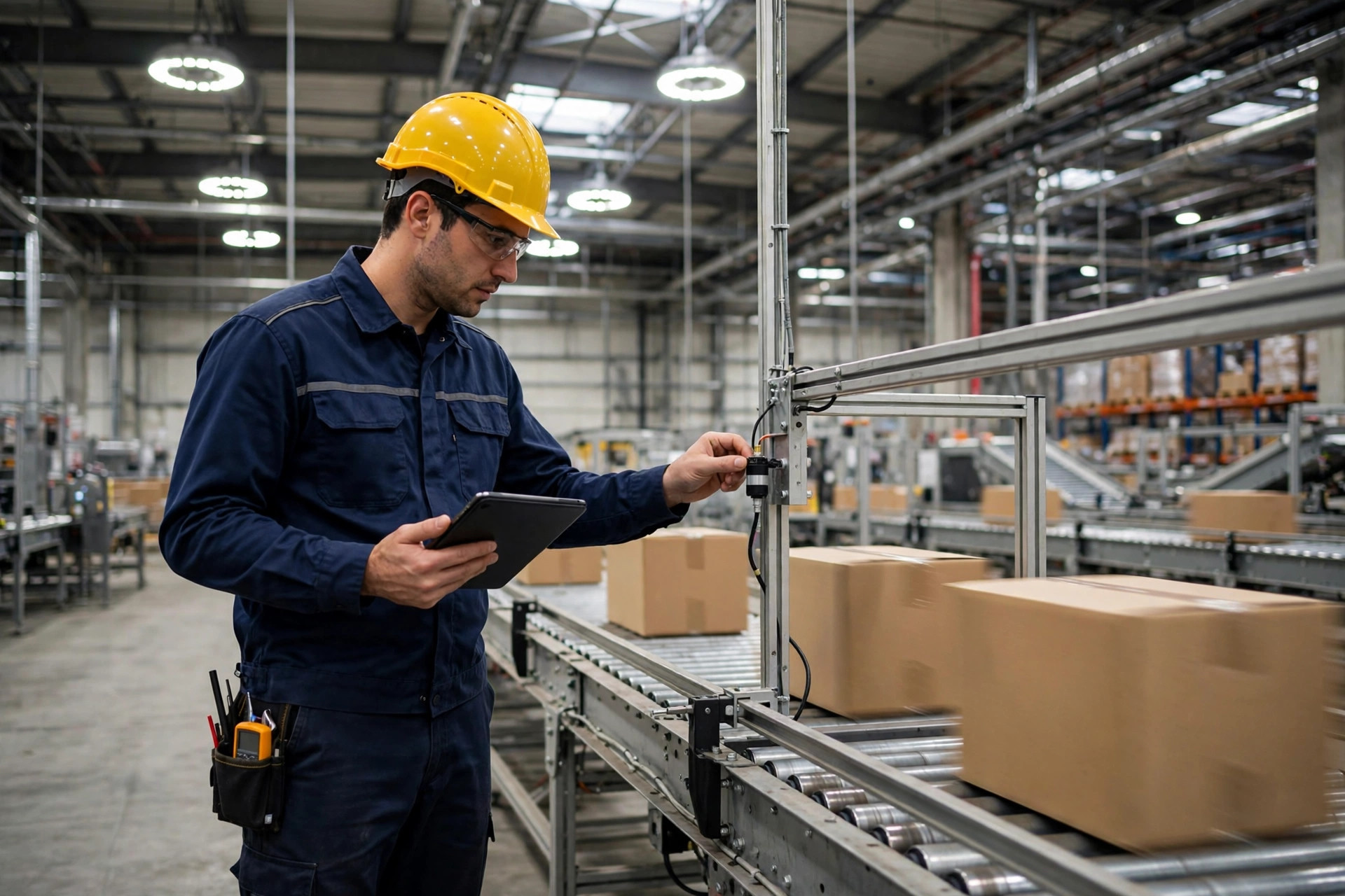 Engineer testing signal mapping point by point beside a sorting line