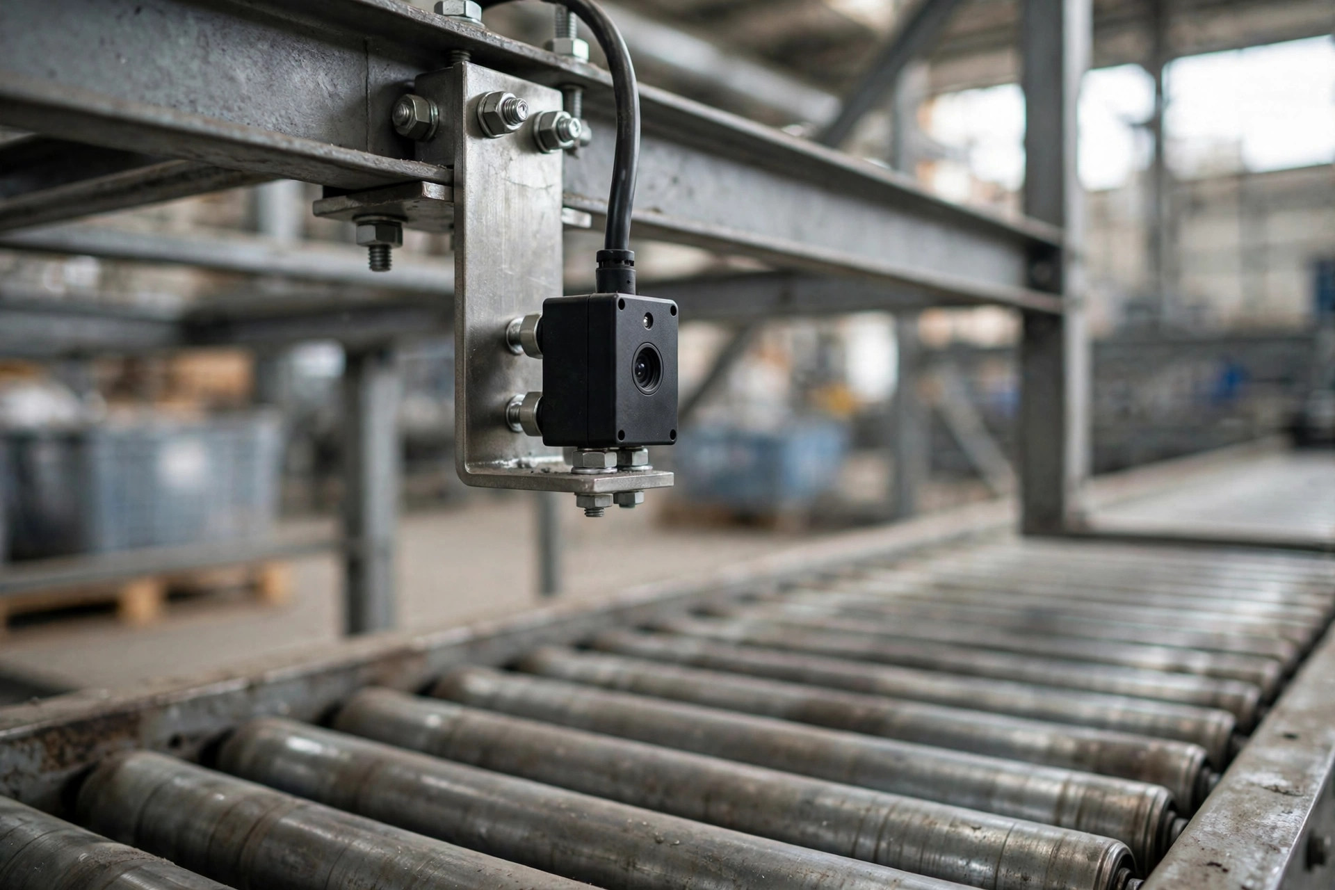 Primer plano de un sensor fotoeléctrico montado sobre un transportador