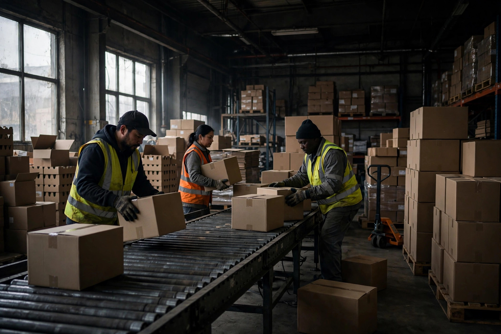 Workers manually sorting and carrying cartons during a conveyor stoppage