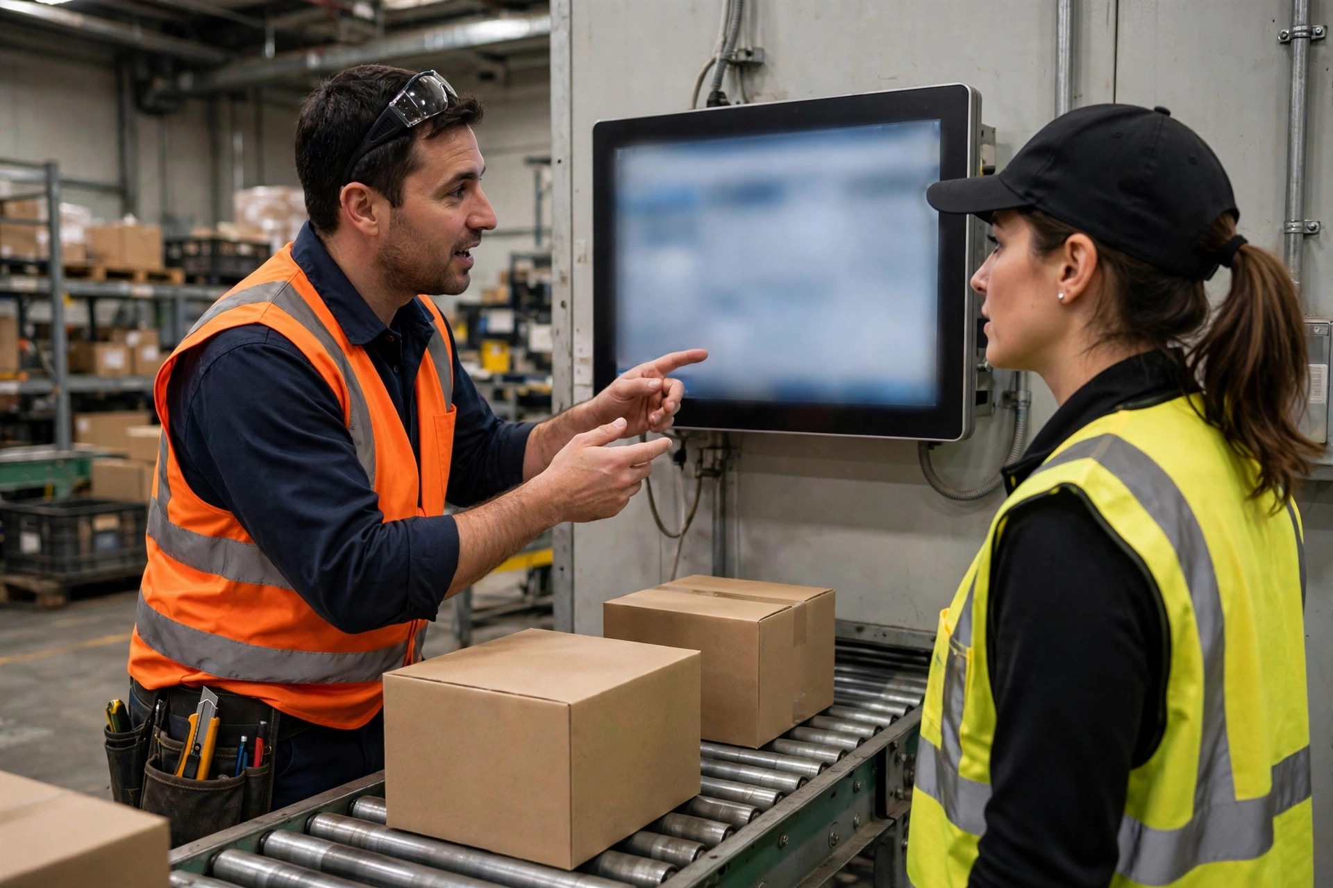 A technician training a warehouse operator on a wall-mounted touchscreen control panel beside a conveyor line