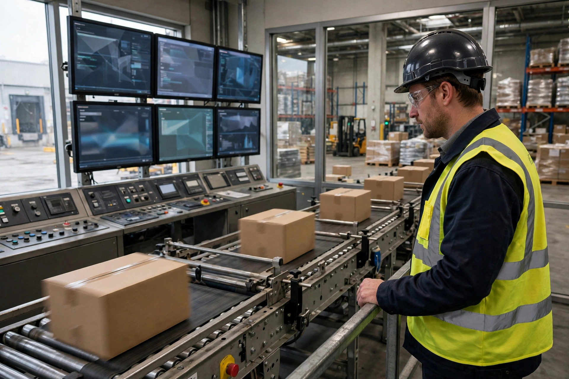 Parcels running on a cross-belt sorter in a large 3PL warehouse