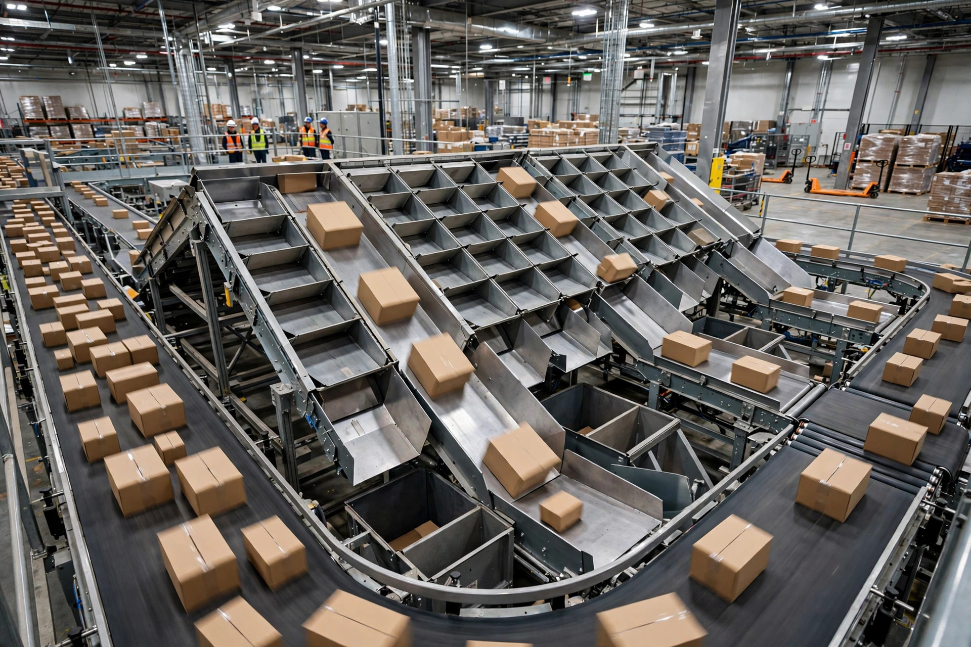 Automated warehouse sortation conveyor line in operation
