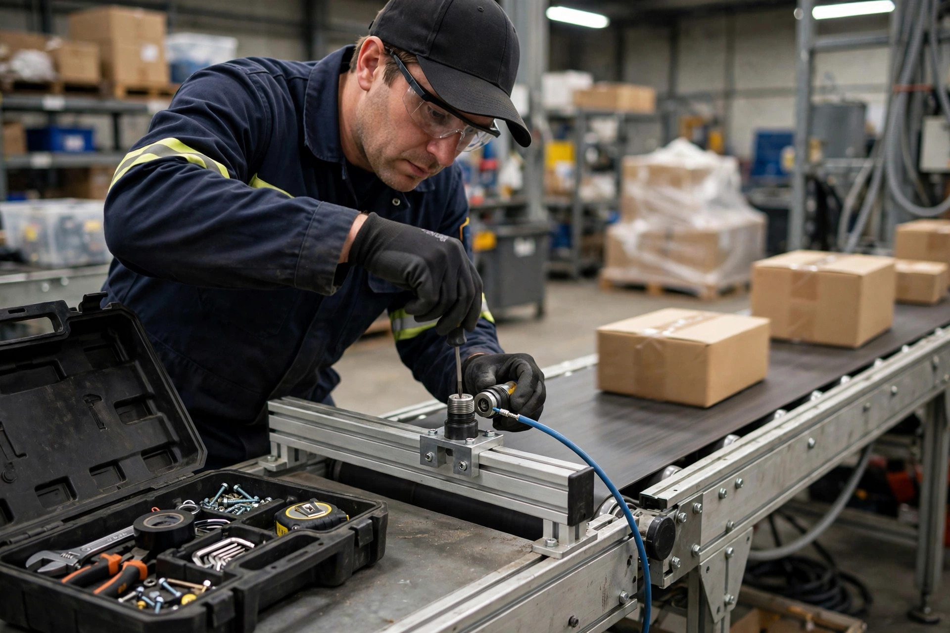 A technician replacing a photoelectric sensor on a conveyor frame