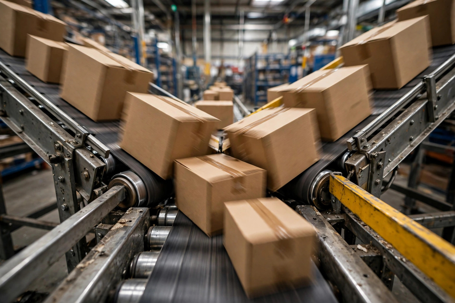 Conveyor merge point with cartons in a fulfillment center