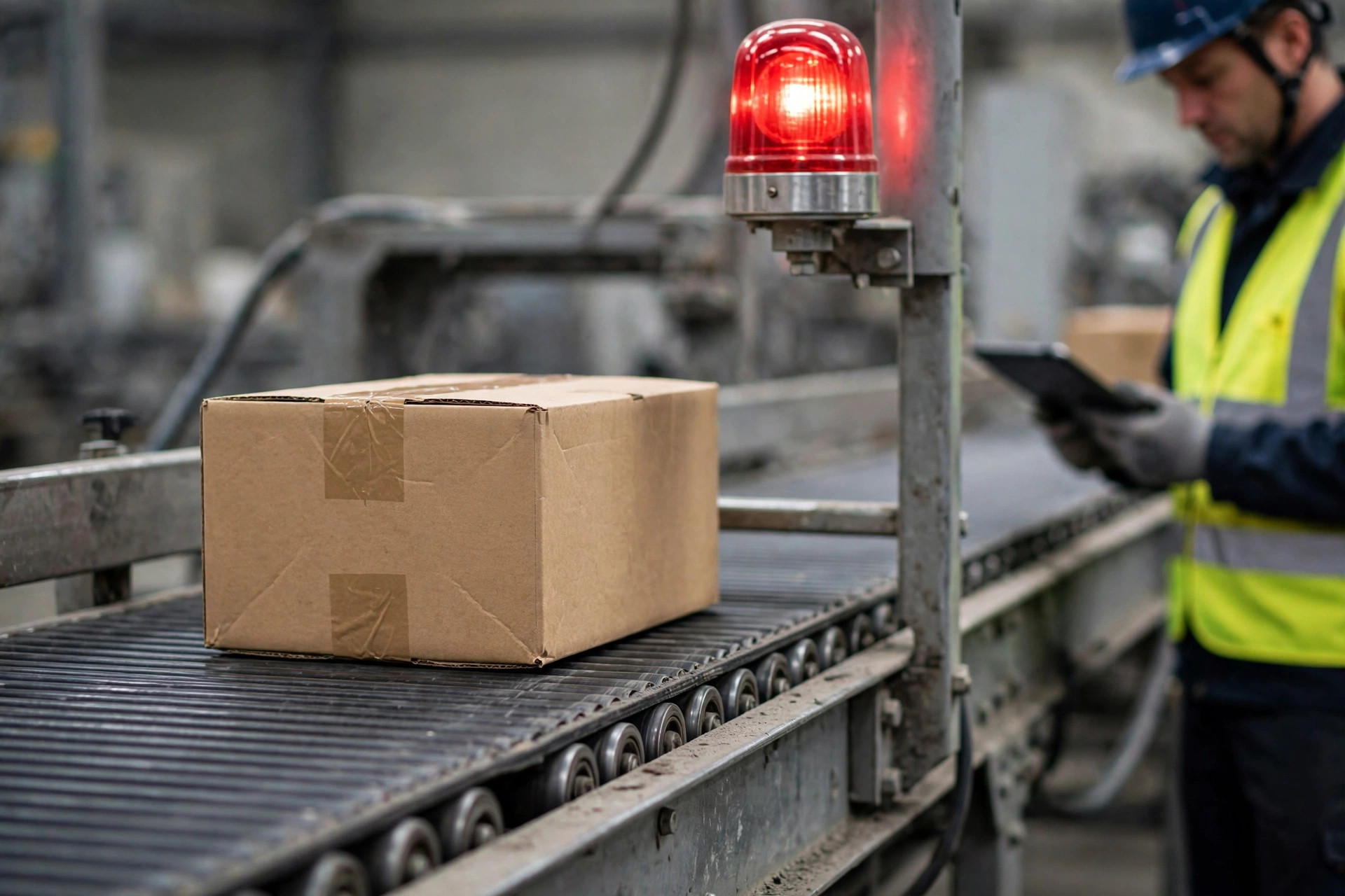 A stopped carton at a conveyor divert with a red warning beacon, a technician approaching with a tablet