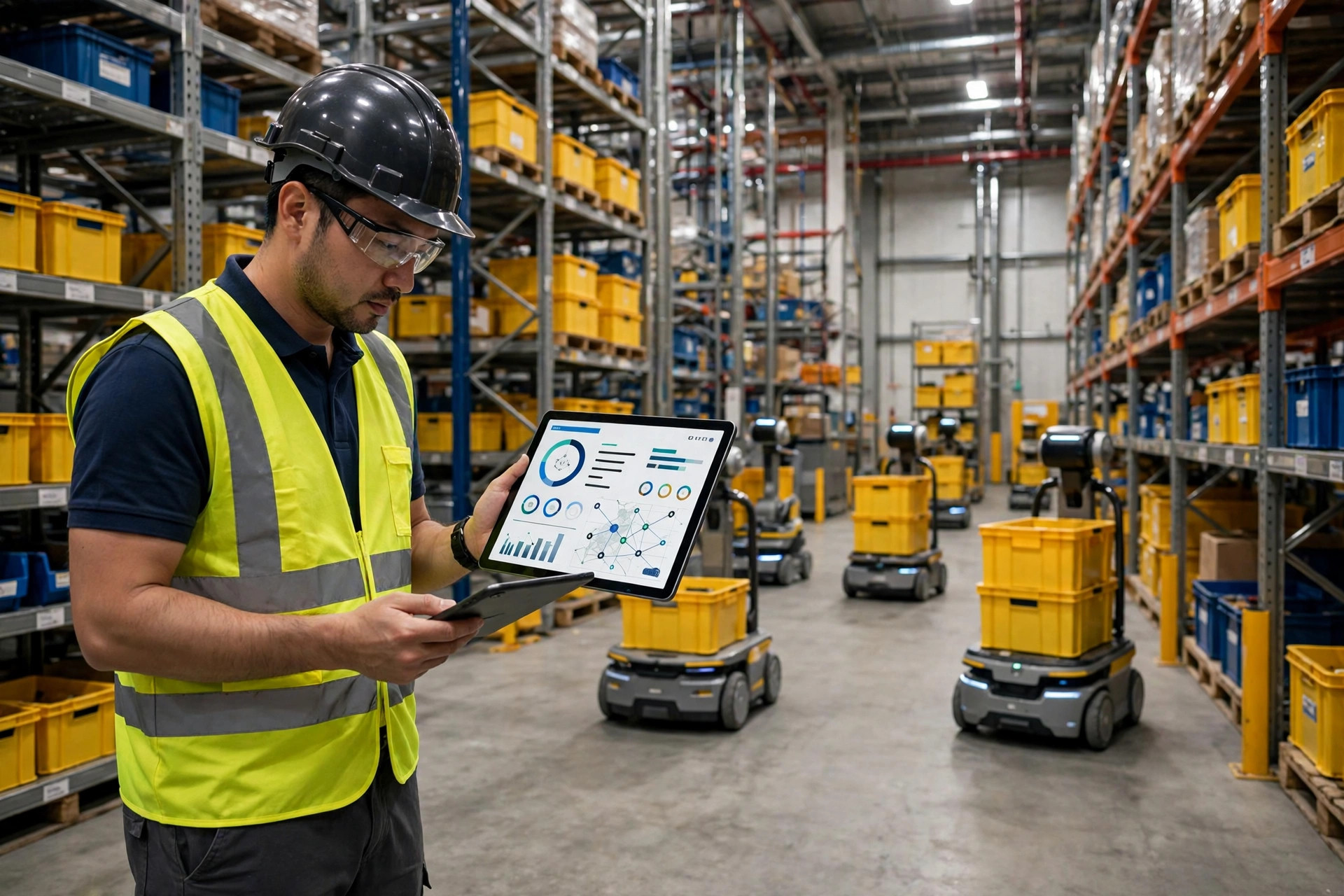 An engineer commissioning a WES on a tablet on the warehouse floor while AMRs move totes between racks