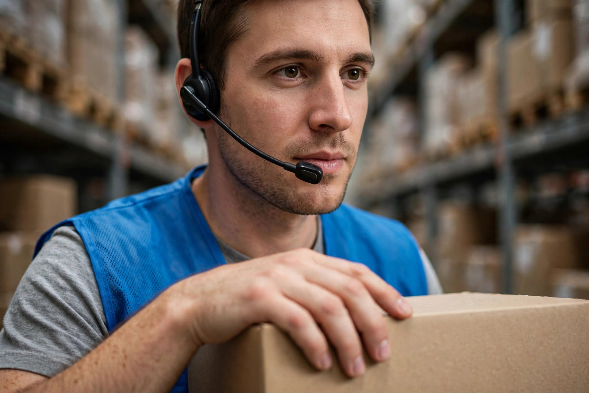 Picker wearing a voice headset working between racks