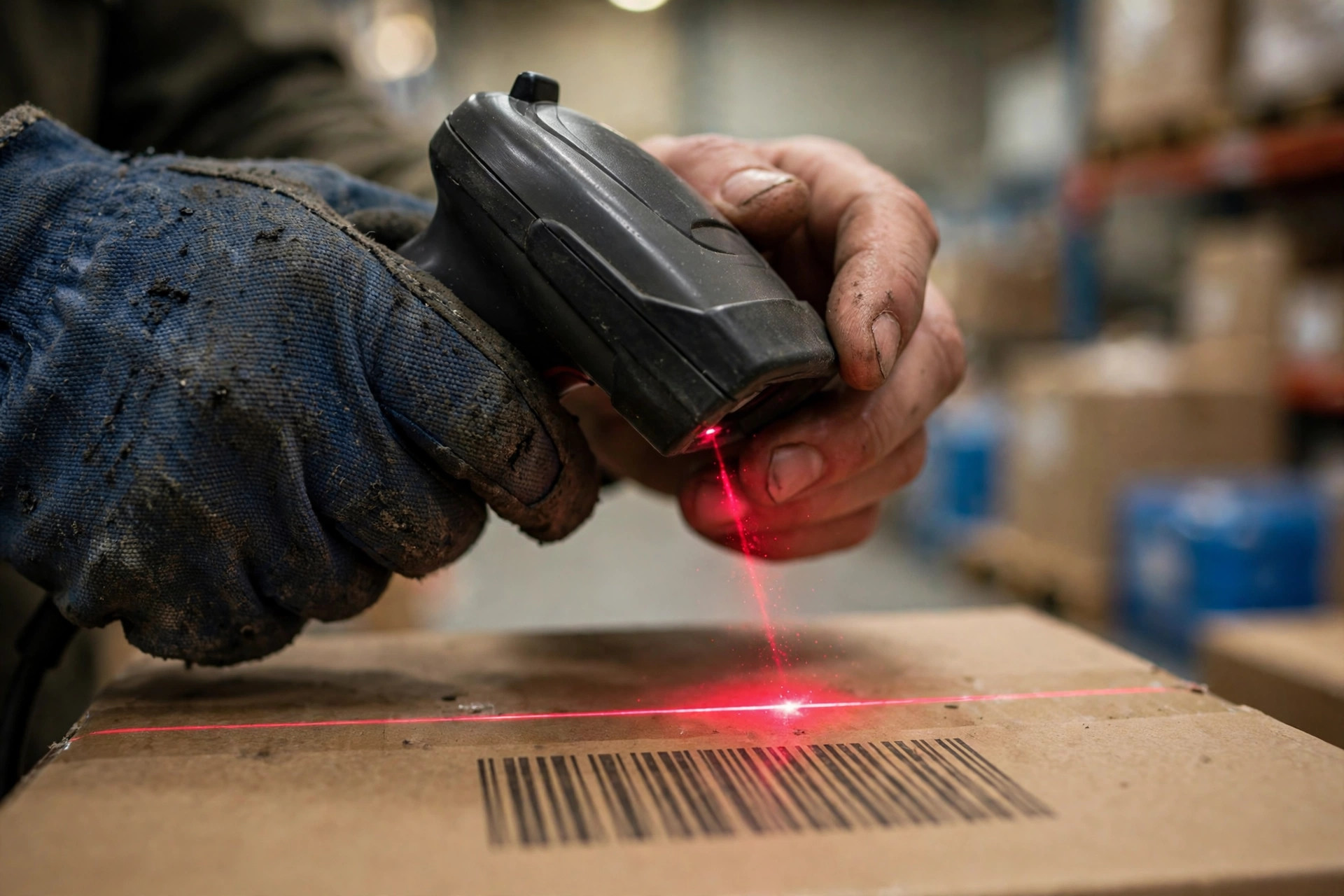 A warehouse worker scanning a carton barcode with an RF gun to confirm a picking task