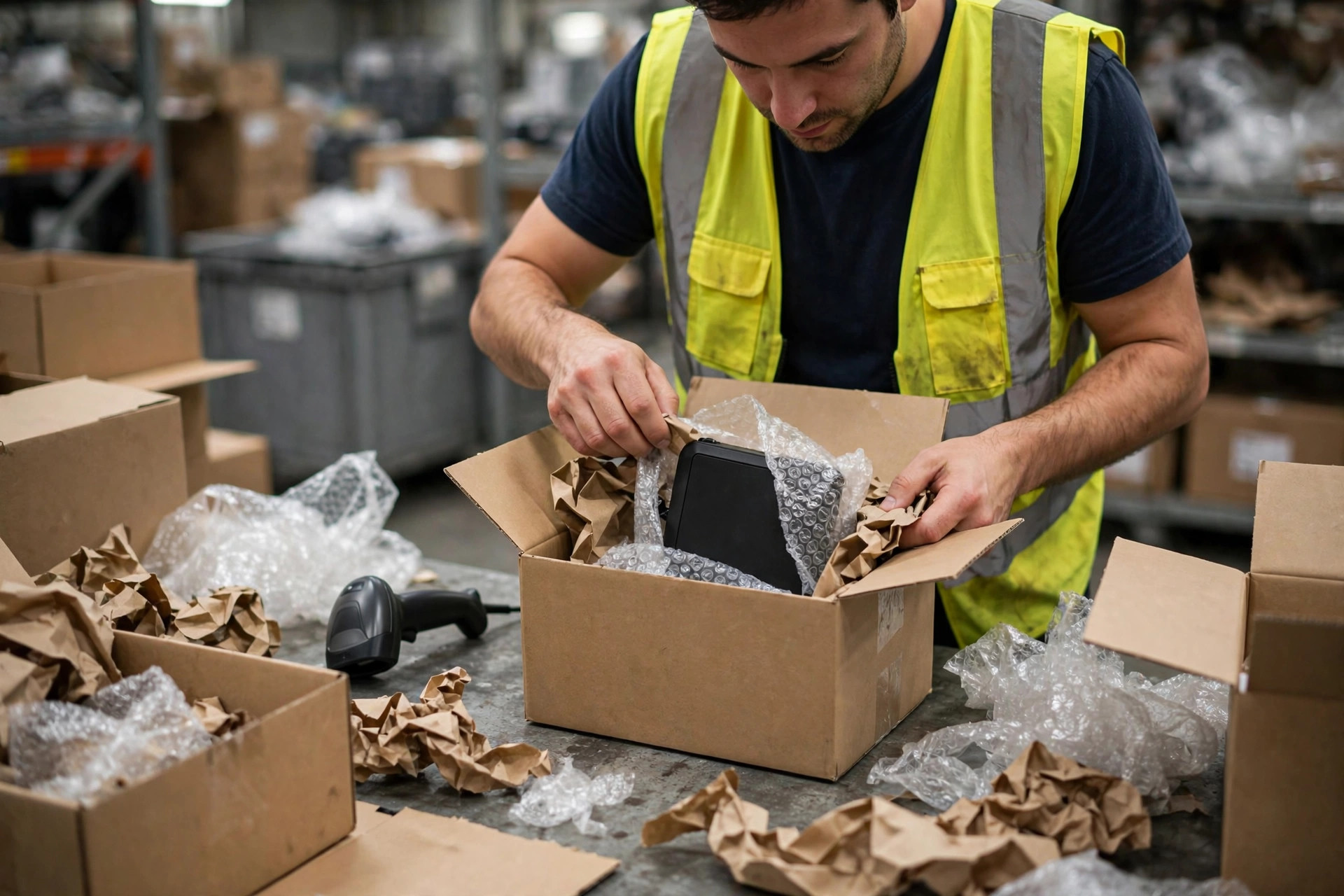 Worker opening a returned parcel for inspection at a returns station