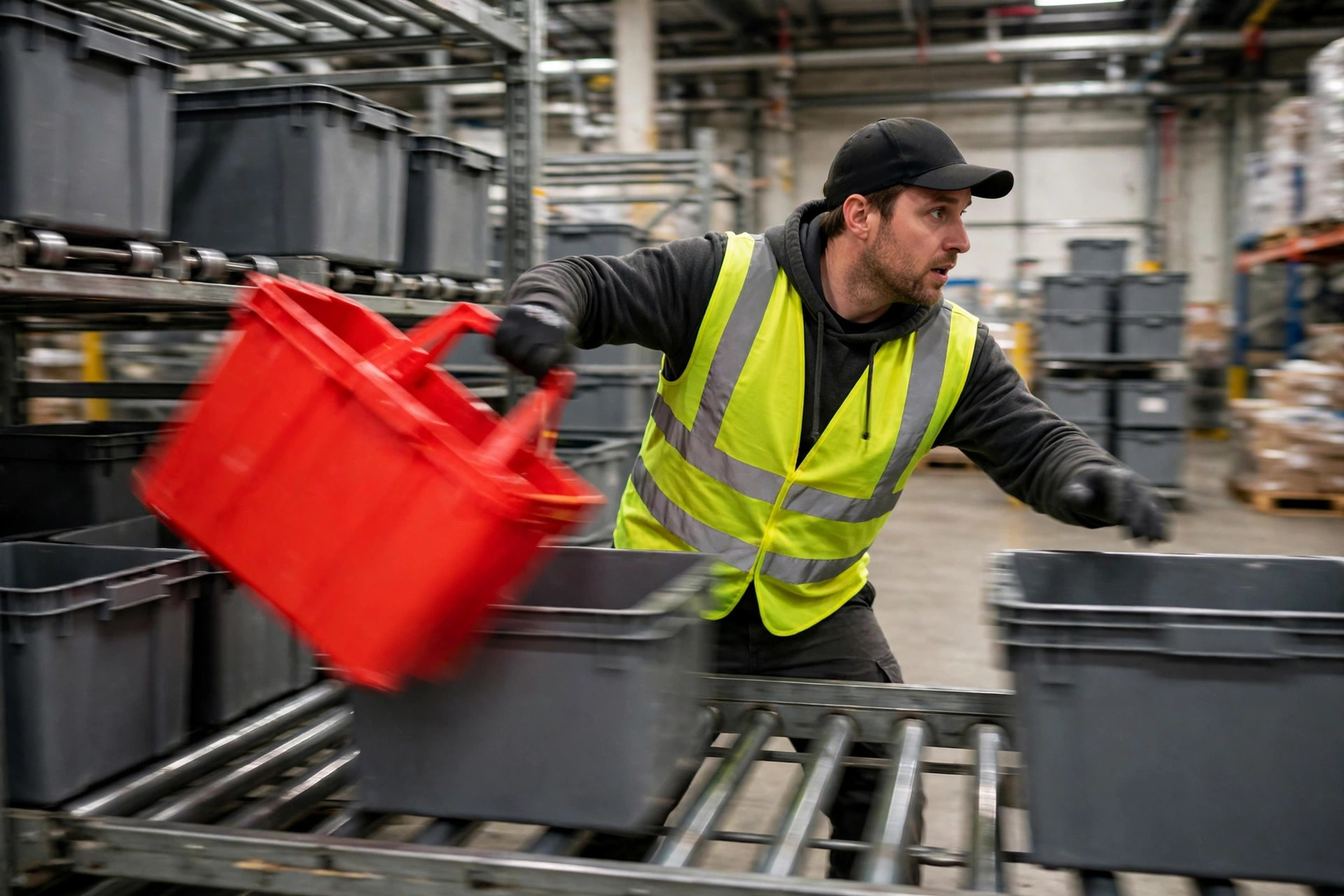 A picker pulling a bright red rush tote from a flow rack in a distribution center, standard totes nearby