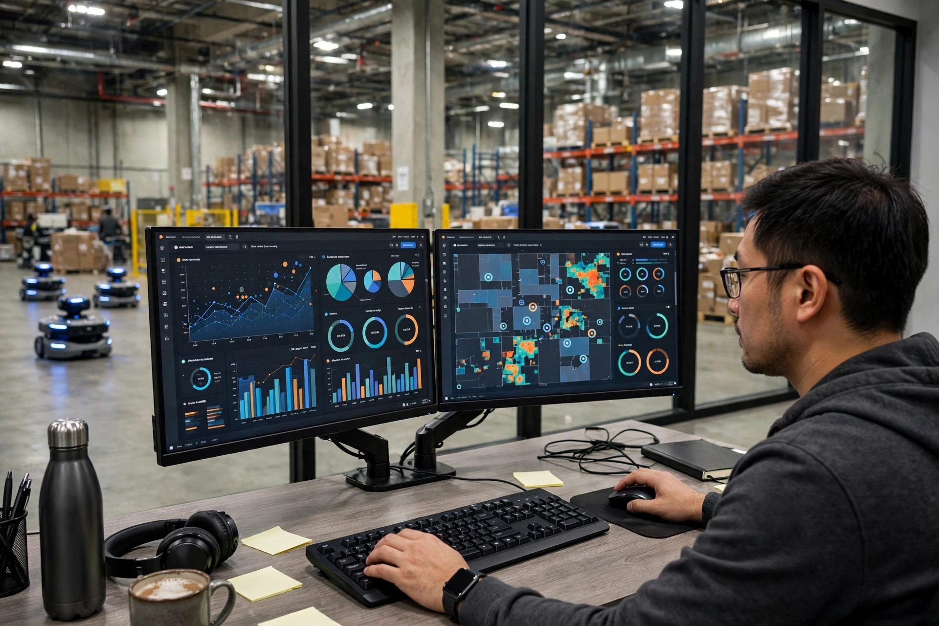 Warehouse control room screens showing real-time wave task dispatch